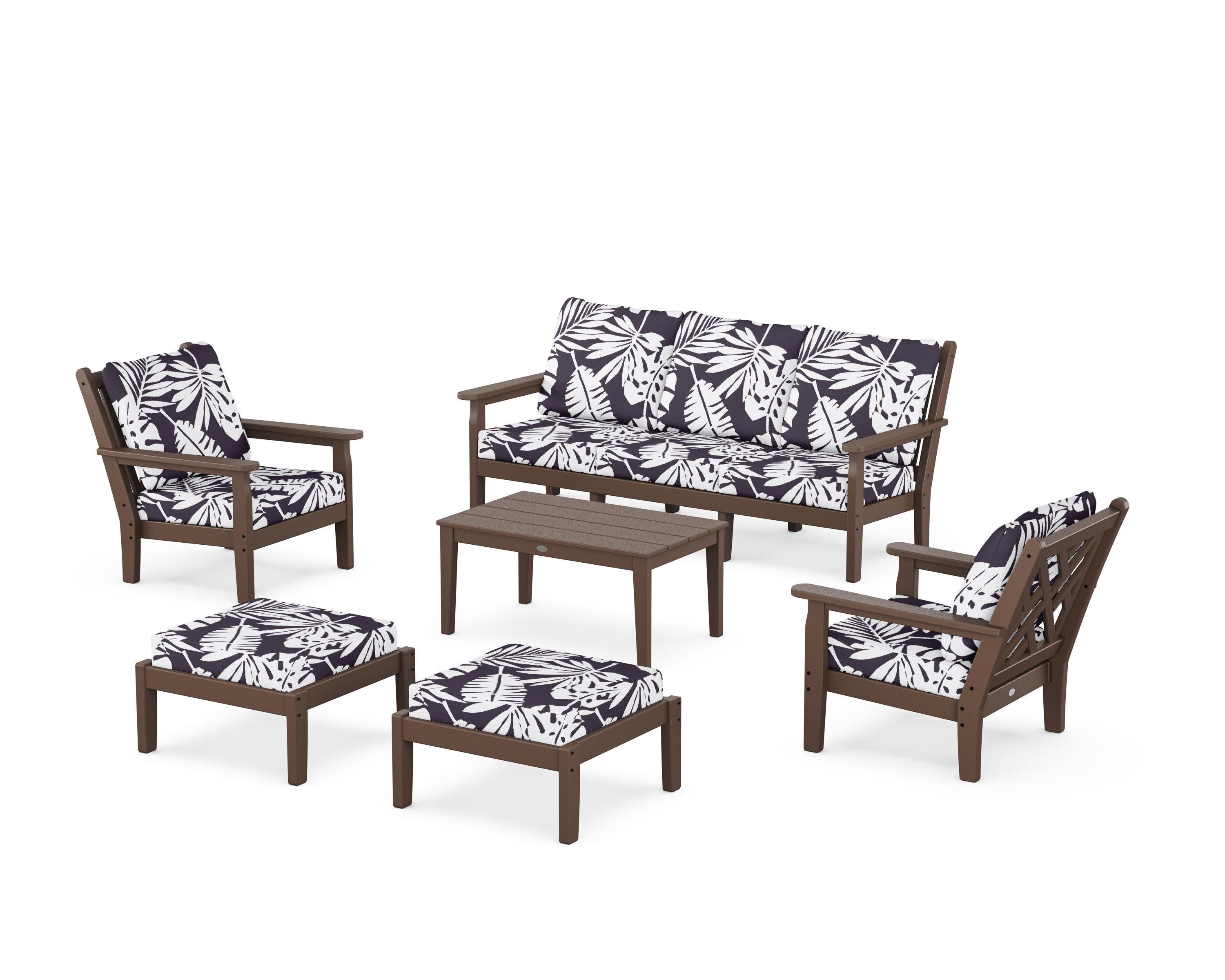 Chippendale 6-Piece Lounge Sofa Set in Mahogany / Leaf Navy