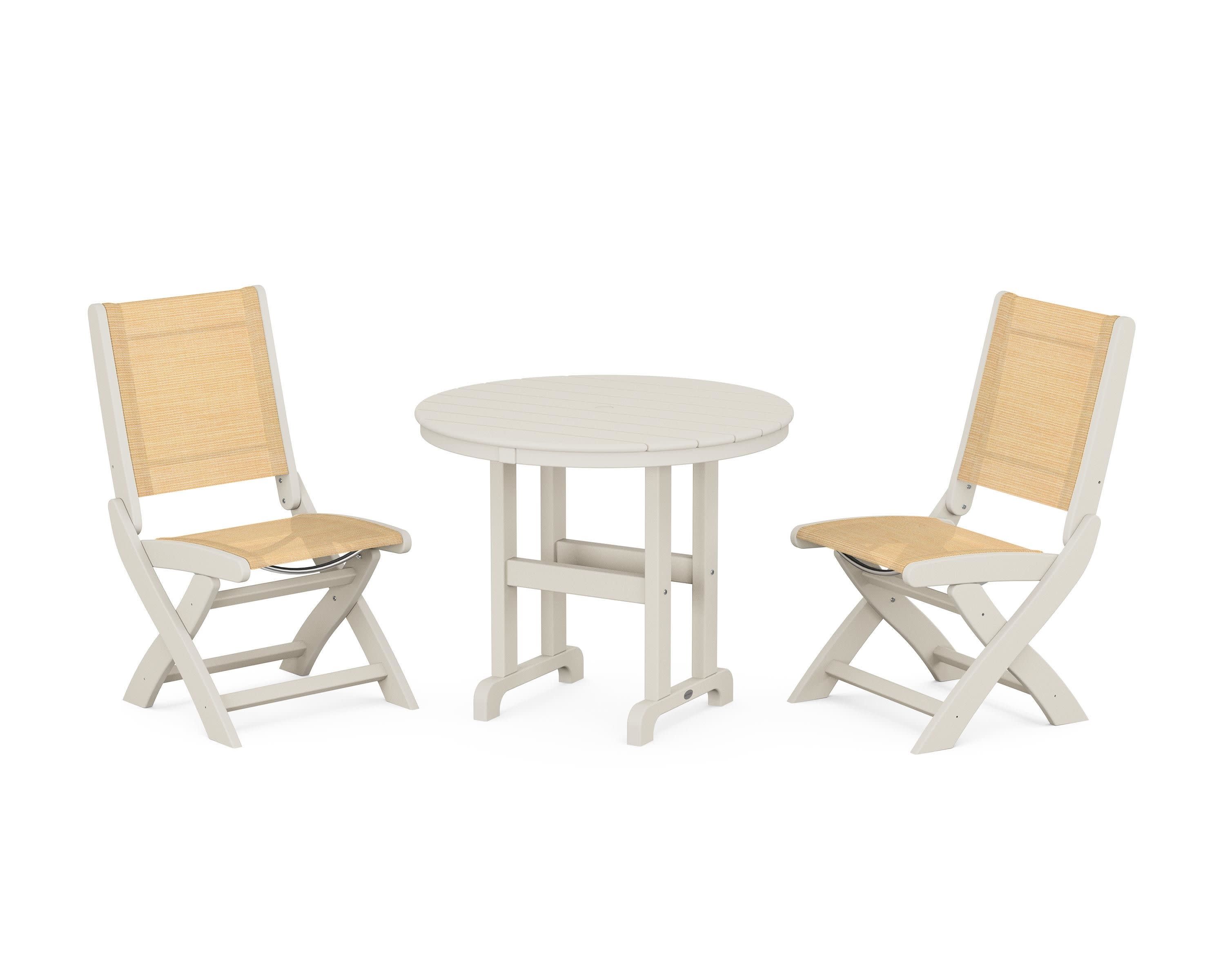 Coastal Folding Side Chair 3-Piece Round Dining Set in Sand / Dupioni Apricot Sling