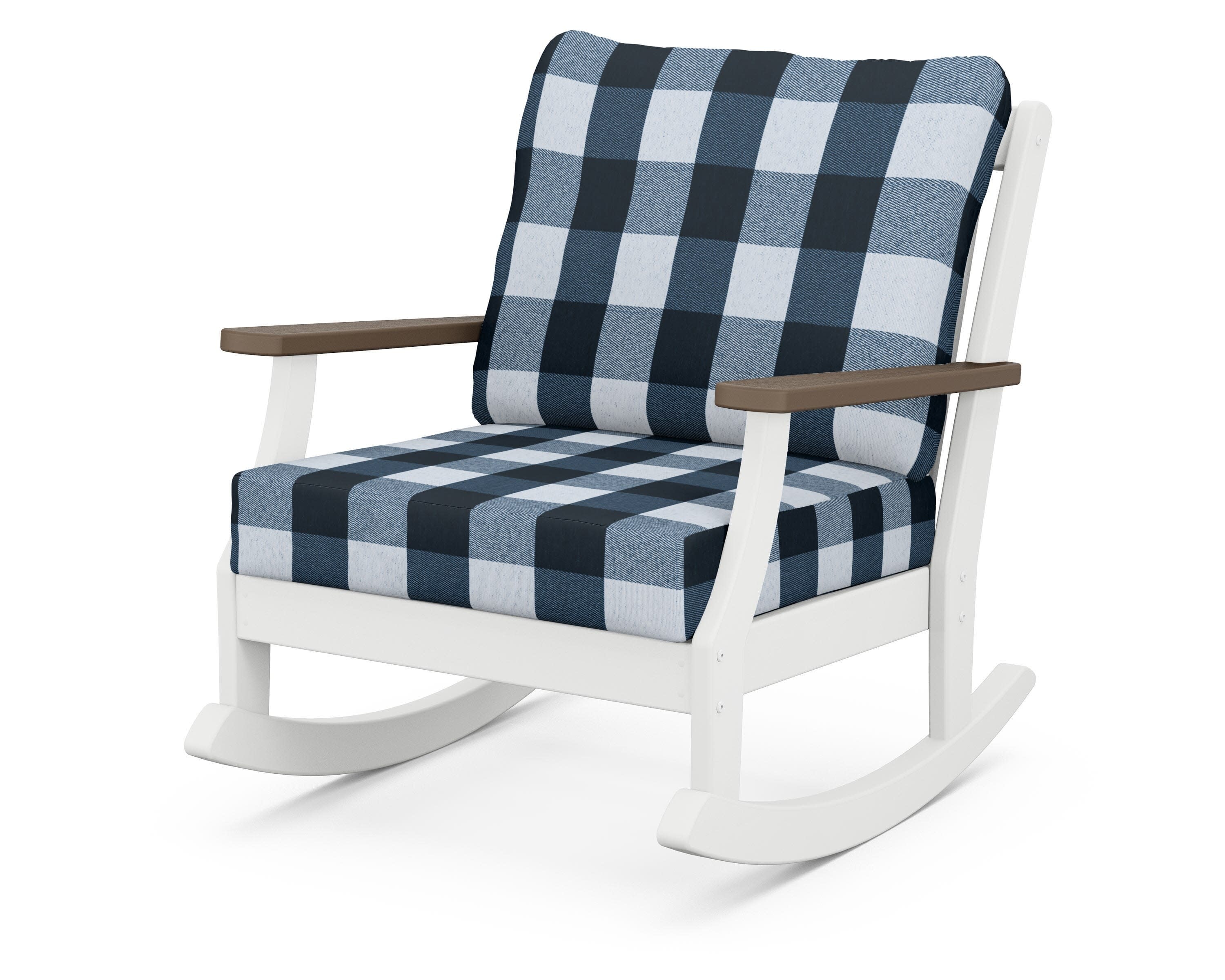 Braxton Deep Seating Rocking Chair in White / Kona / Buffalo Plaid Marine Indigo