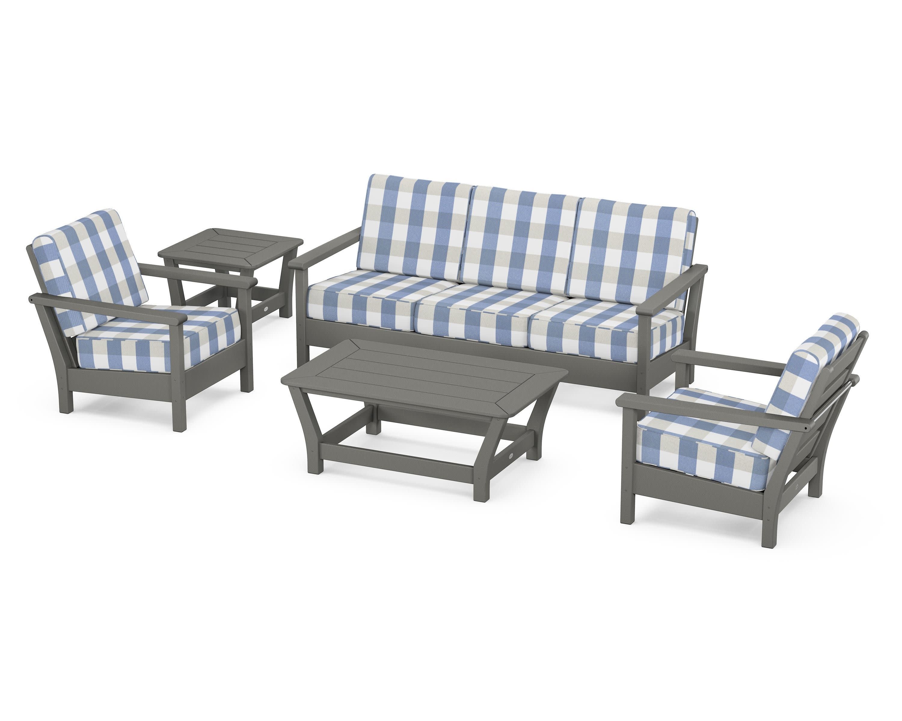 Harbour 5-Piece Deep Seating Set in Slate Grey / Buffalo Plaid Sky Blue