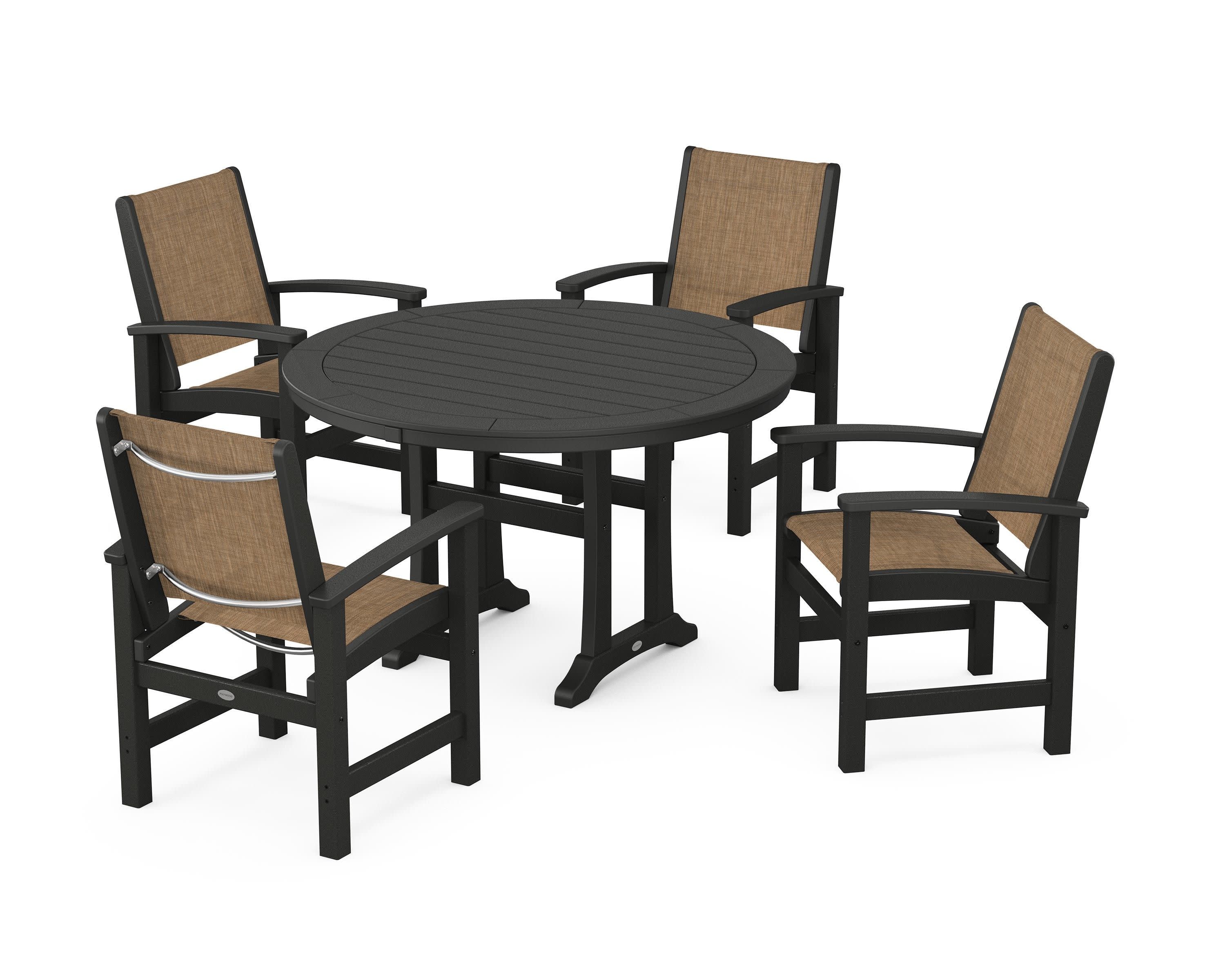 Coastal 5-Piece Round Dining Set with Trestle Legs in Black / Burlap Sling