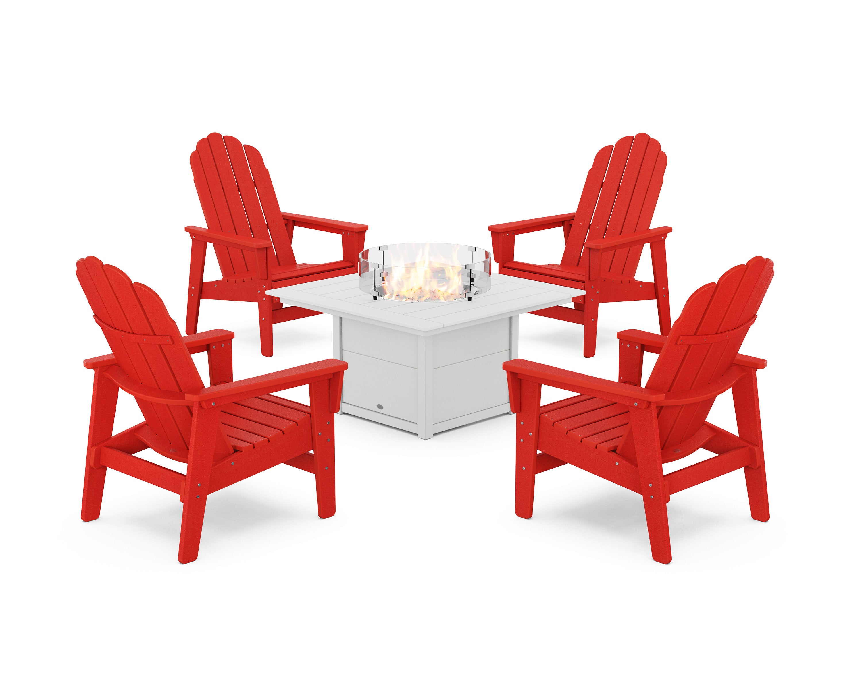 5-Piece Vineyard Grand Upright Adirondack Conversation Set with Fire Pit Table in Sunset Red / White
