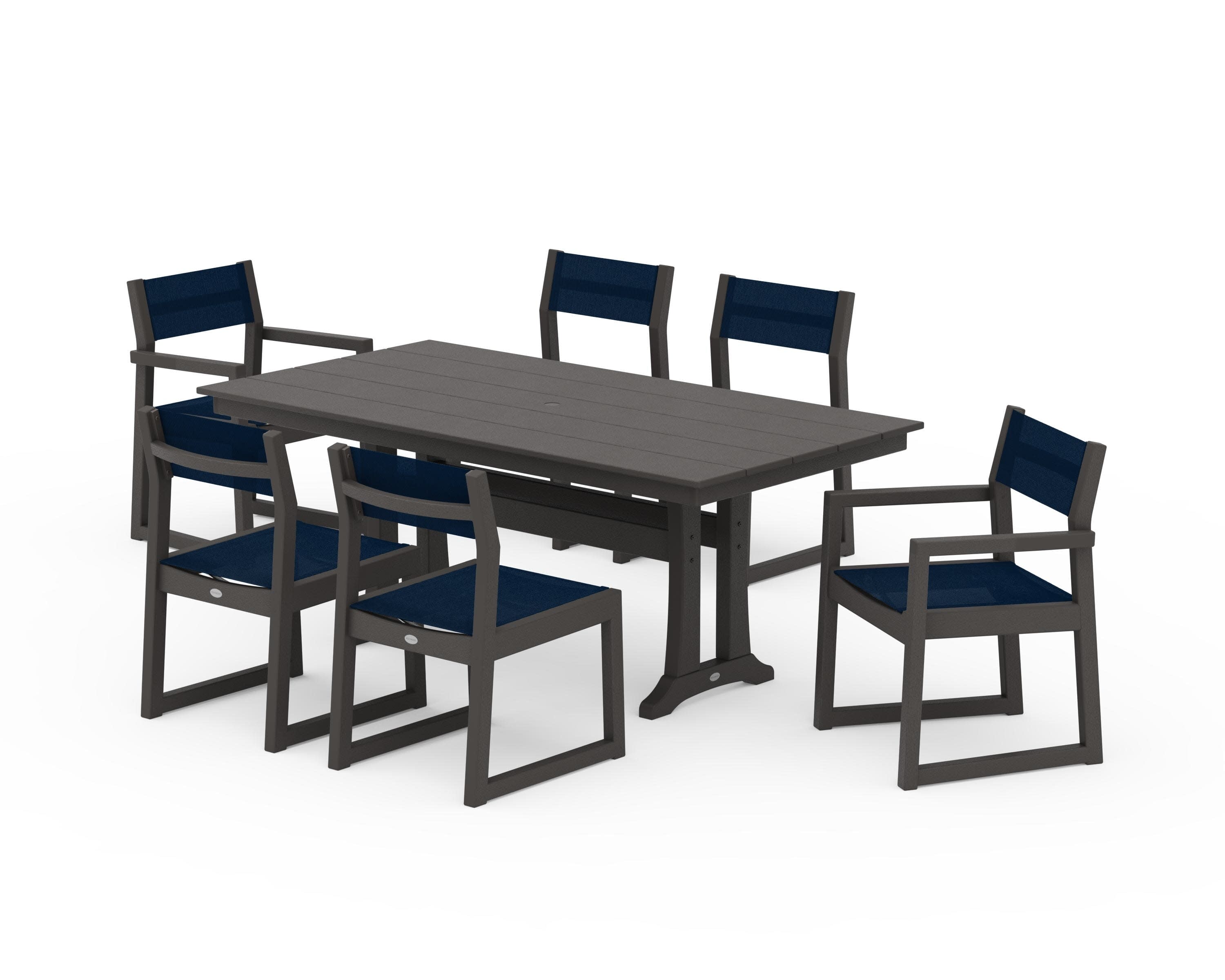 EDGE Sling 7-Piece Farmhouse Trestle Dining Set in Vintage Coffee / Navy Blue Sling