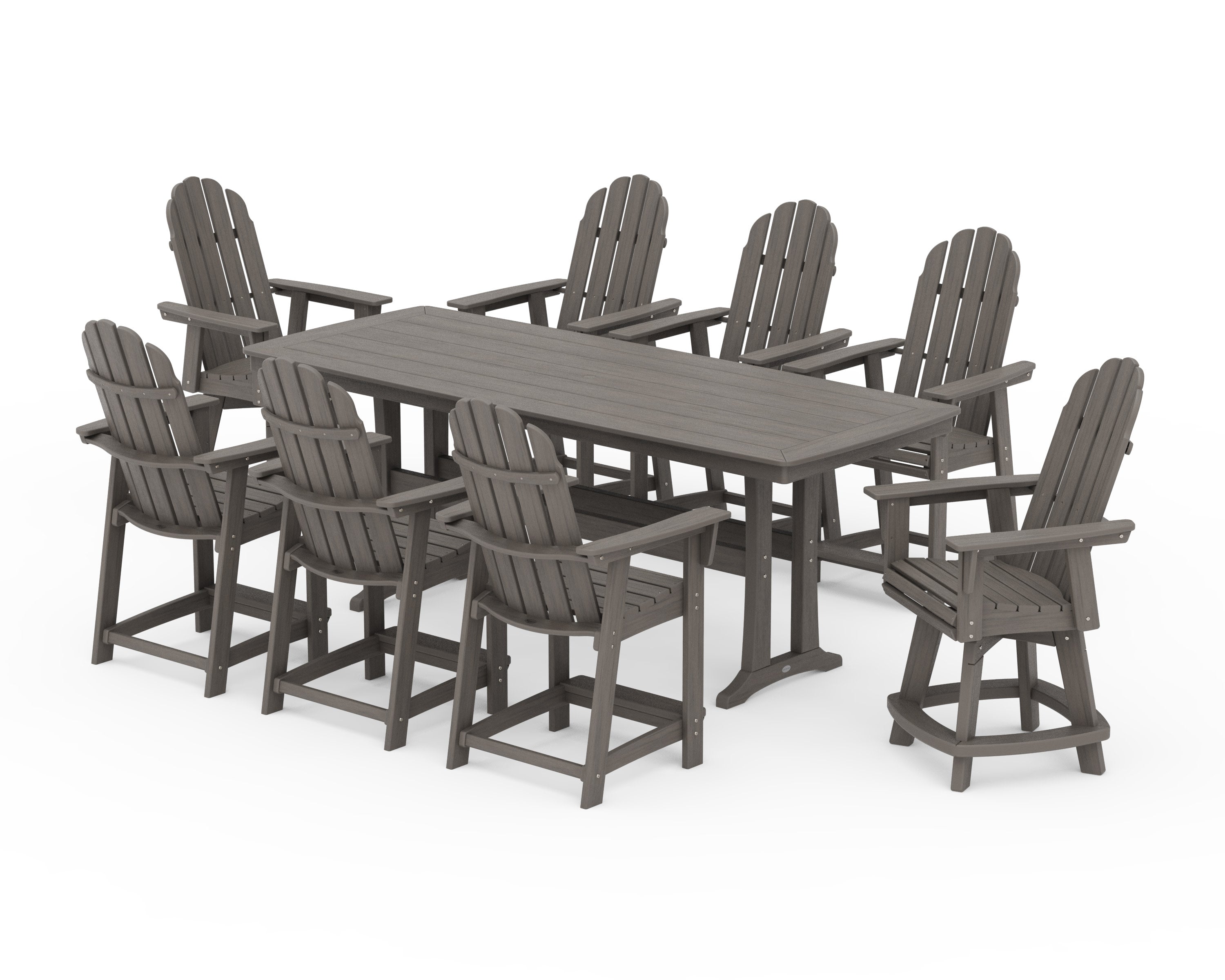 Vineyard Curveback Adirondack Swivel 9-Piece Counter Set with Trestle Legs in Driftwood