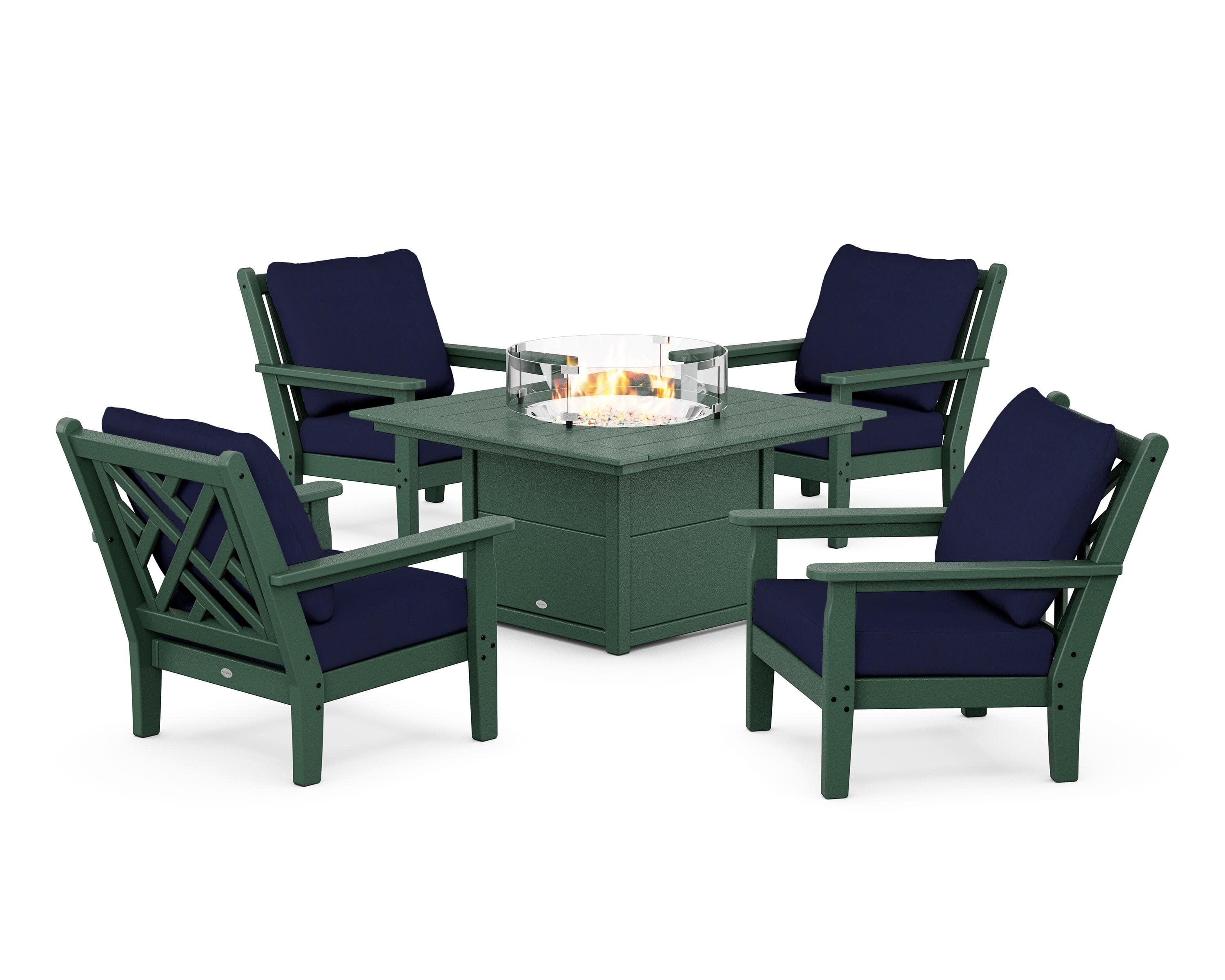 Chippendale 5-Piece Deep Seating Set with Fire Pit Table in Green / Navy