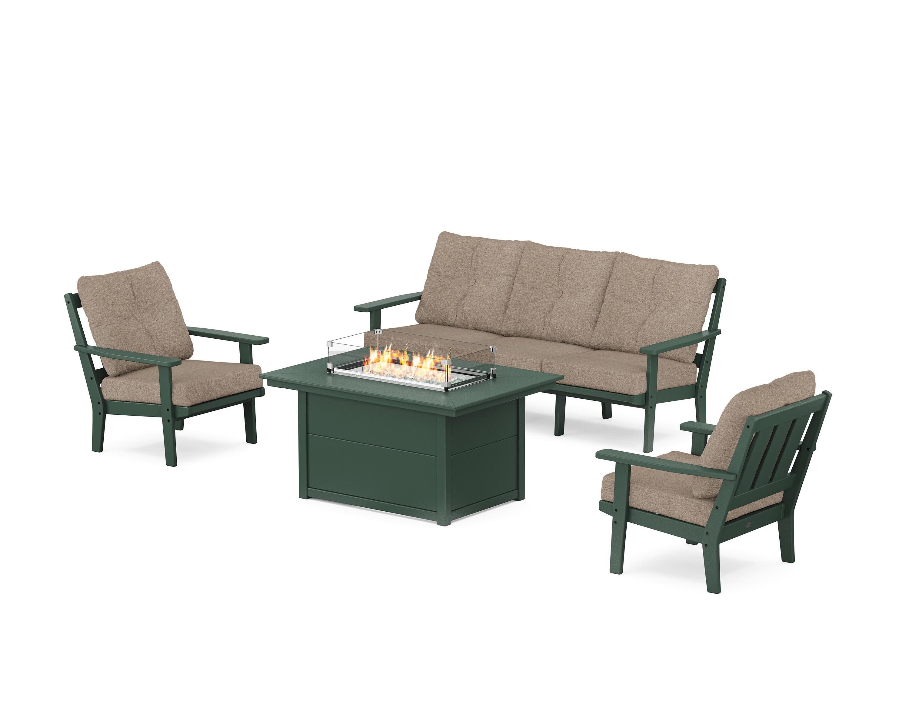 Oxford Deep Seating Fire Pit Table Set in Green / Spiced Burlap