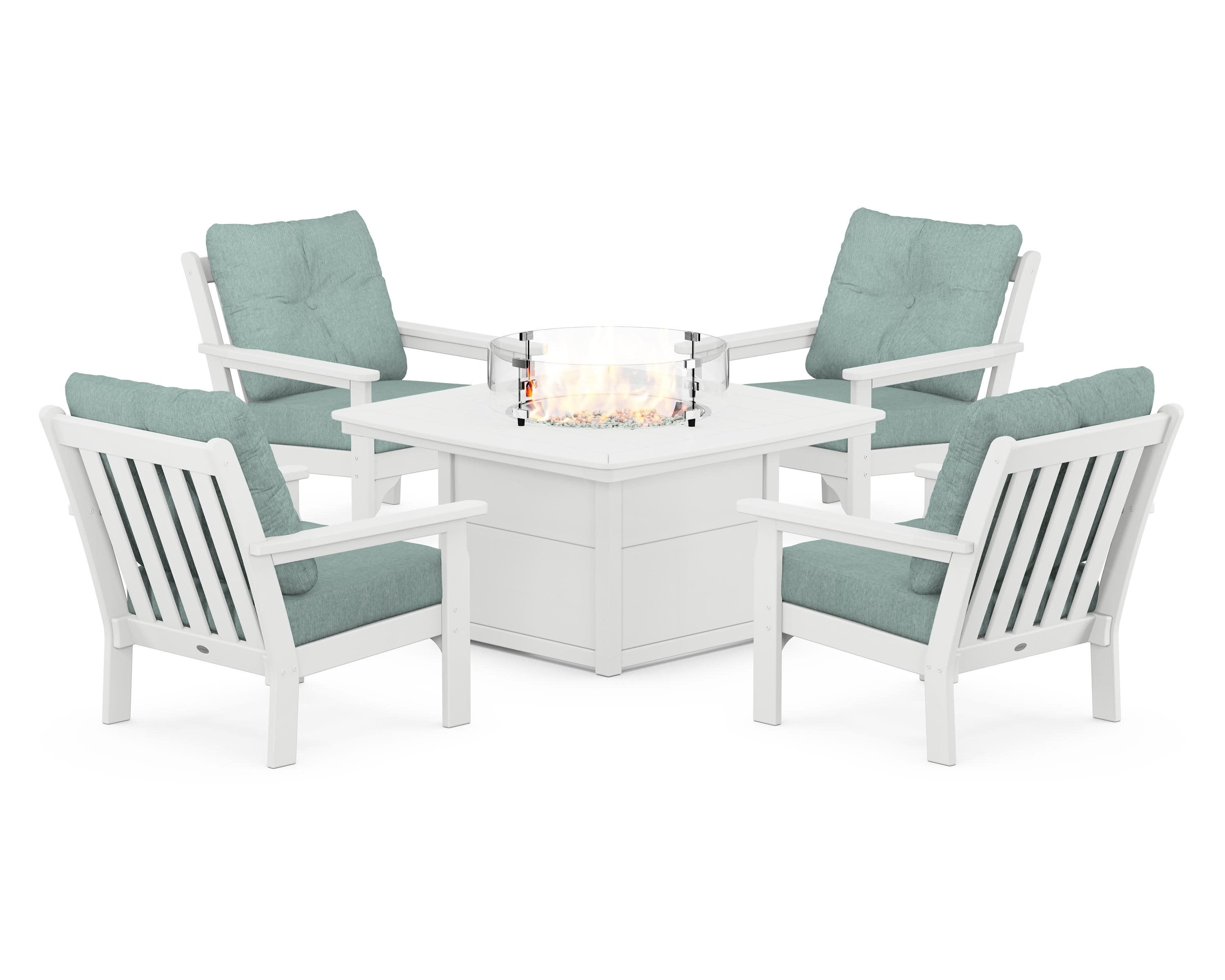 Vineyard 5-Piece Conversation Set with Fire Pit Table in White / Glacier Spa