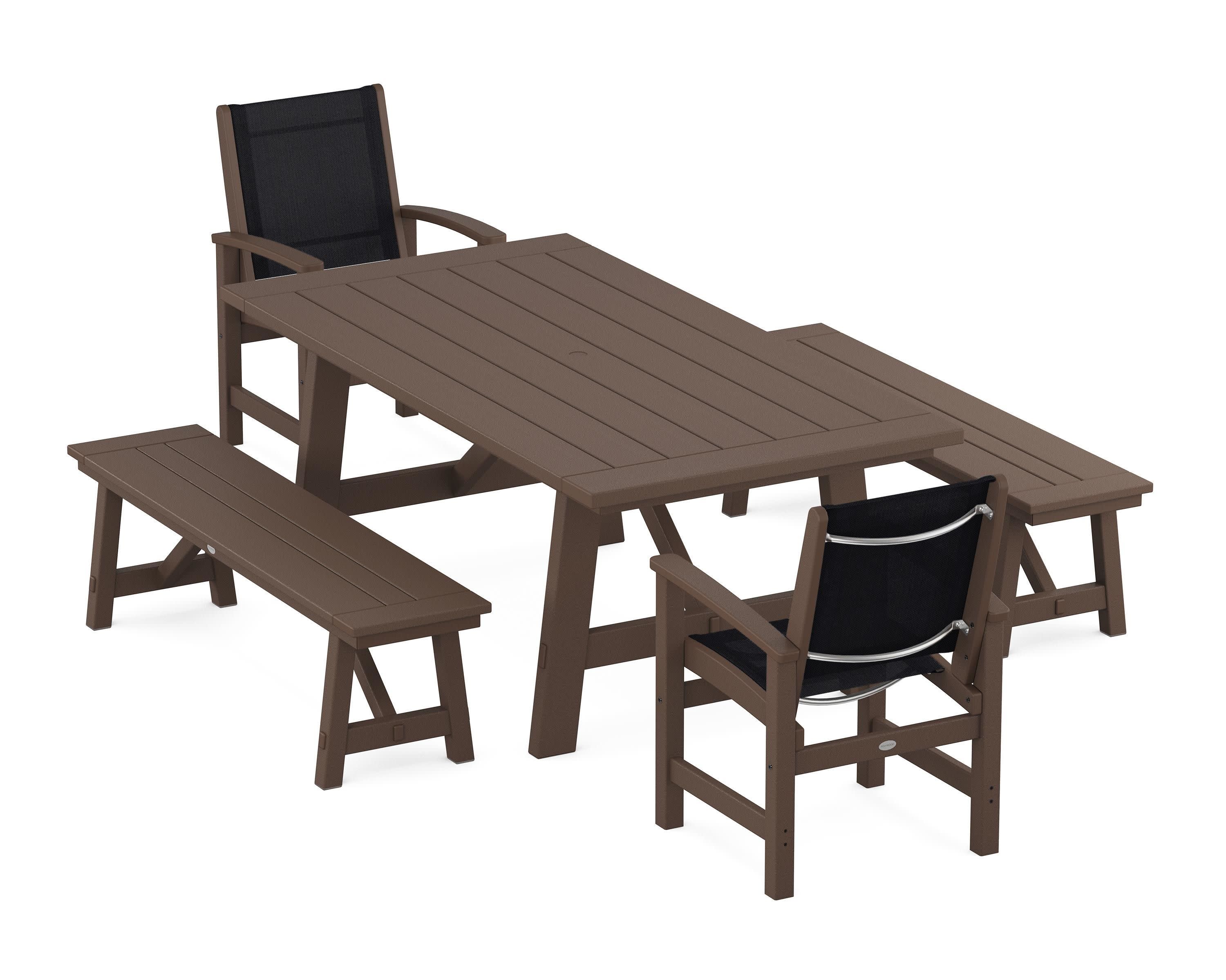 Coastal 5-Piece Rustic Farmhouse Dining Set With Benches in Mahogany / Black Sling