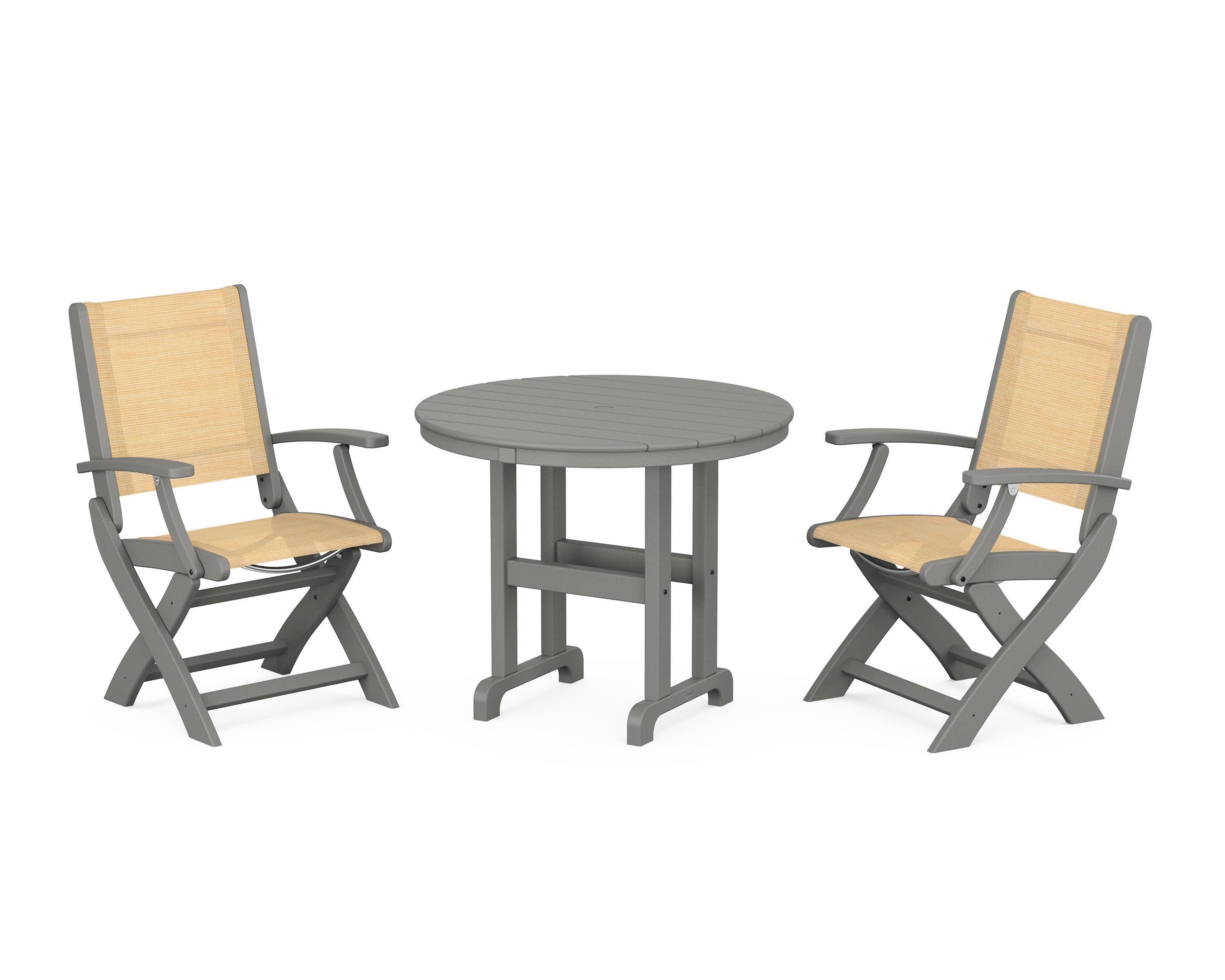 Coastal Folding Chair 3-Piece Round Dining Set in Slate Grey / Dupioni Apricot Sling