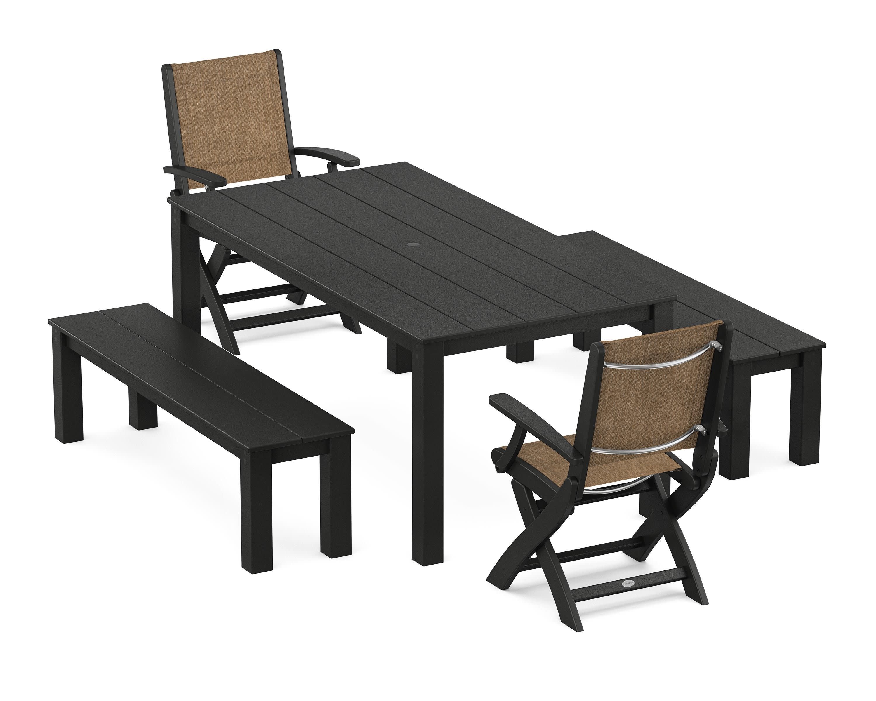 Coastal Folding Chair 5-Piece Parsons Dining Set with Benches in Black / Burlap Sling