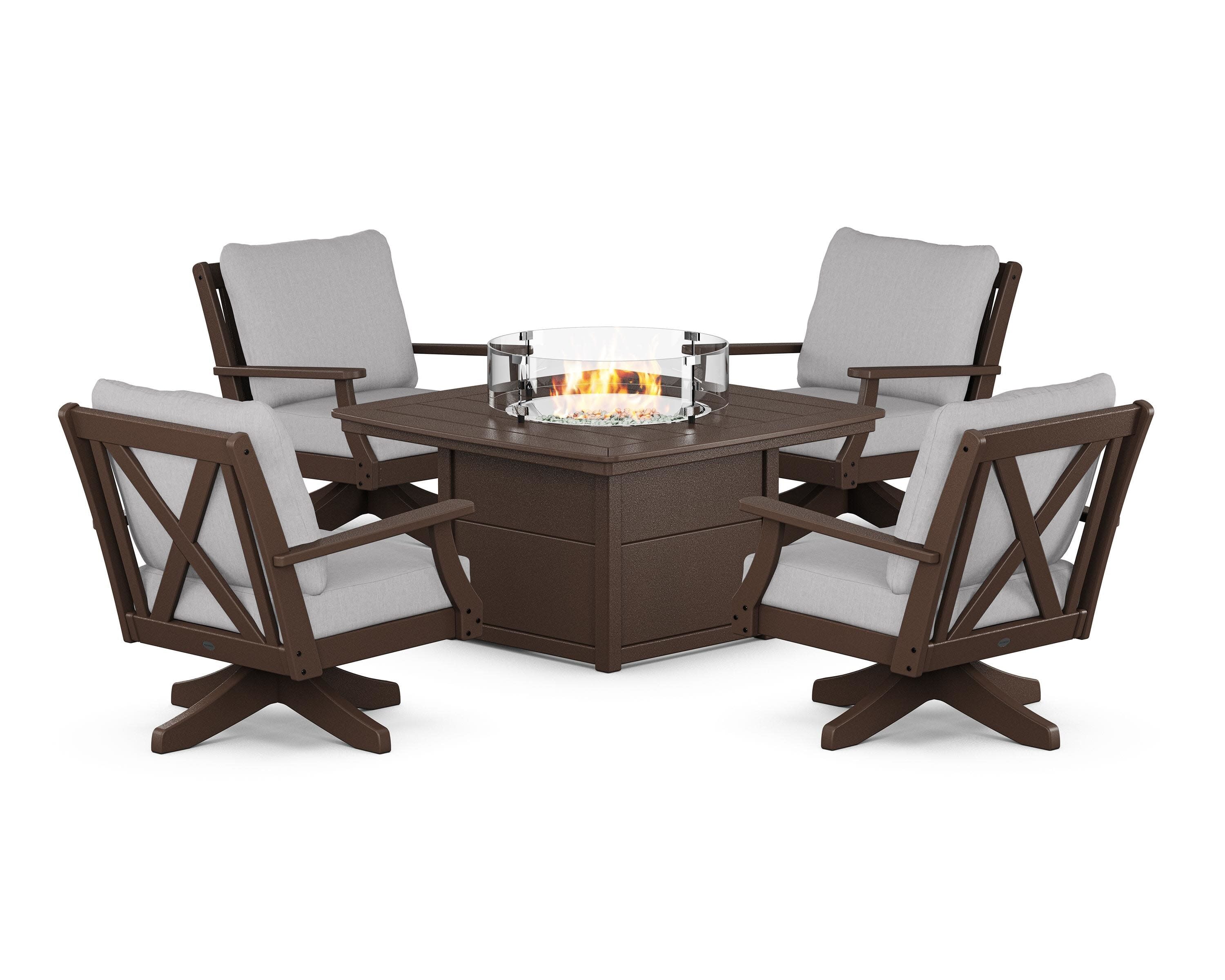 Braxton 5-Piece Deep Seating Swivel Conversation Set with Fire Pit Table in Mahogany / Granite