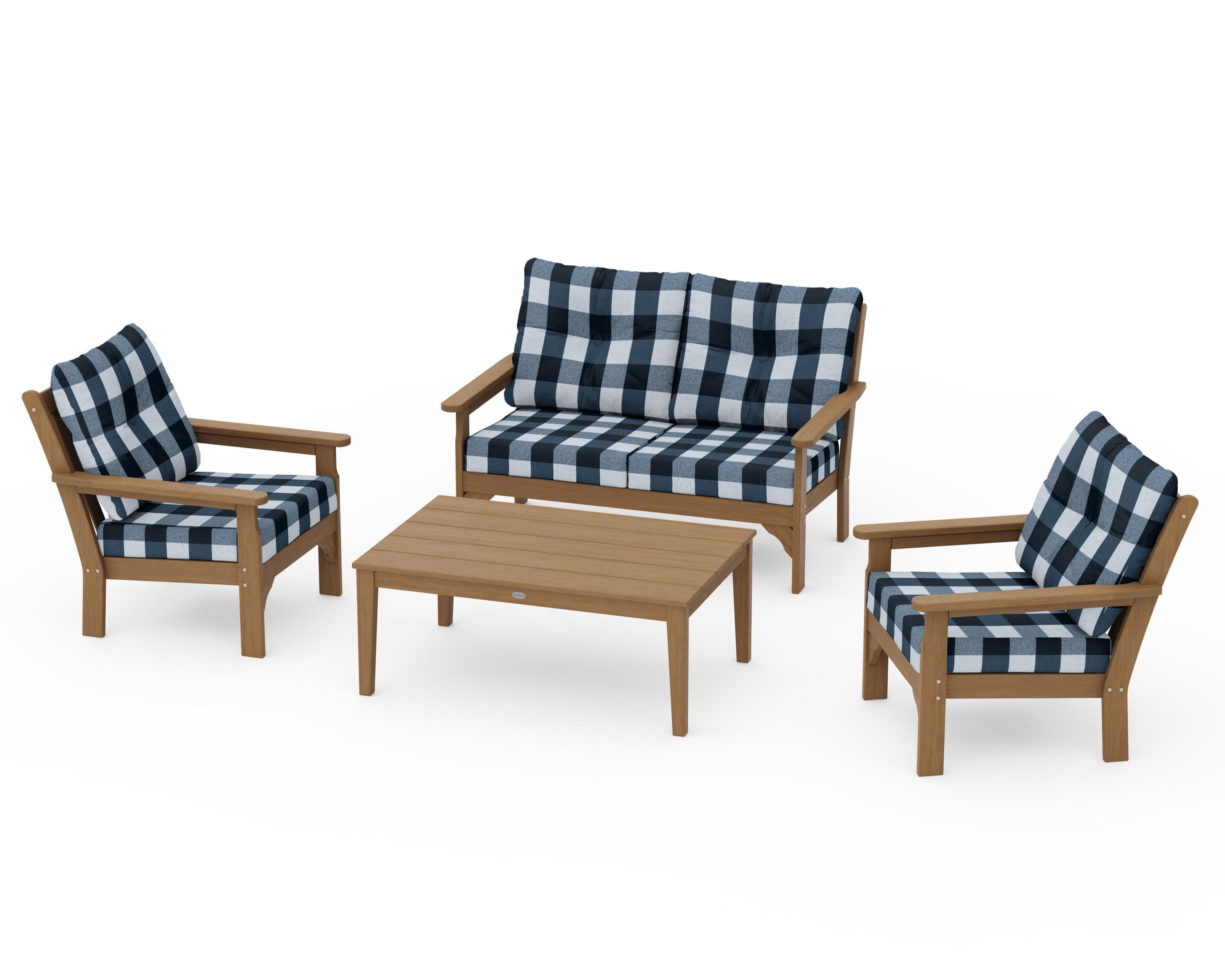 Vineyard 4-Piece Deep Seating Set in Natural / Buffalo Plaid Marine Indigo