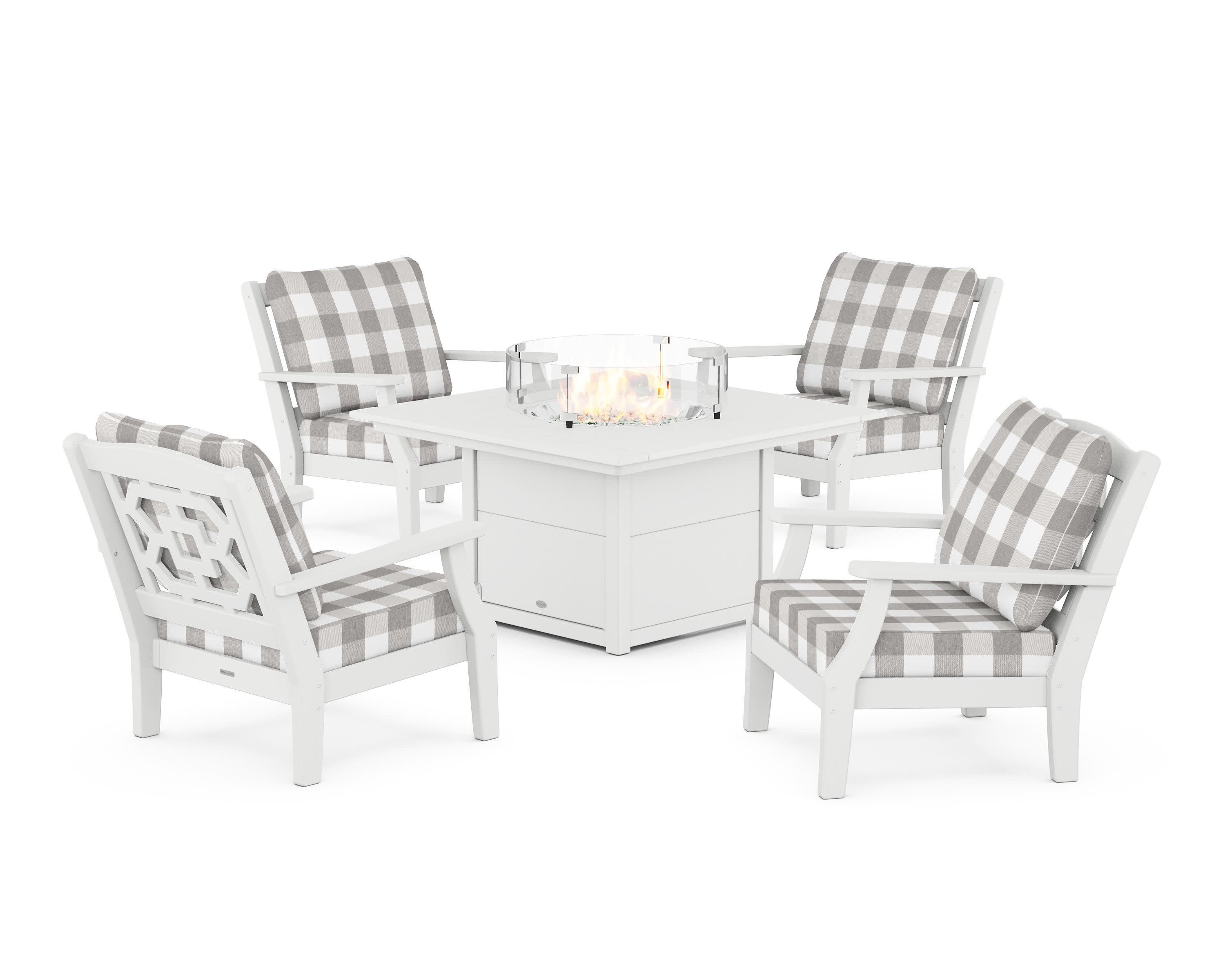 Chinoiserie 5-Piece Deep Seating Set with Fire Pit Table in White / Buffalo Plaid Grey Mist