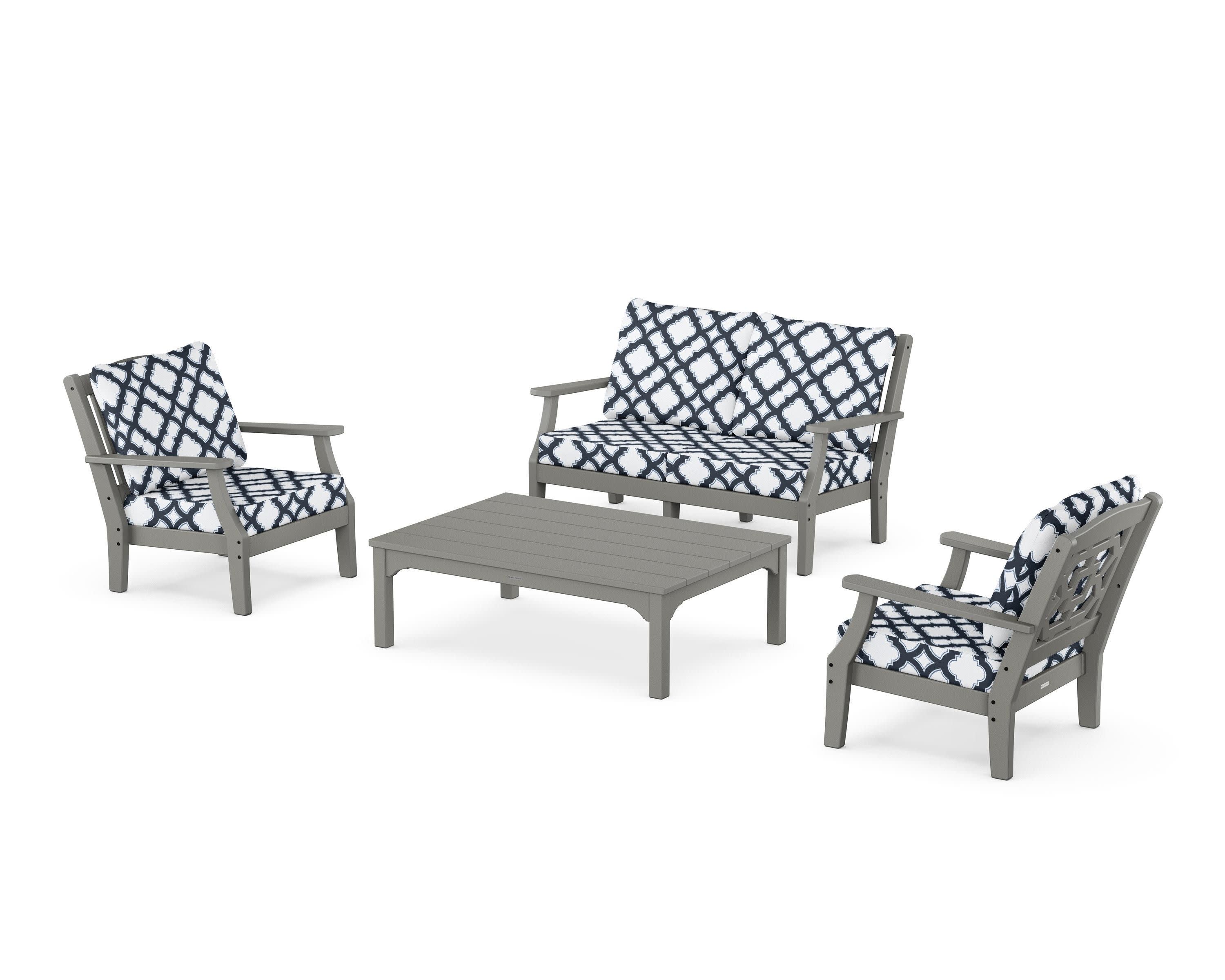 Chinoiserie 4-Piece Deep Seating Set with Loveseat in Slate Grey / Trellis Marine Indigo