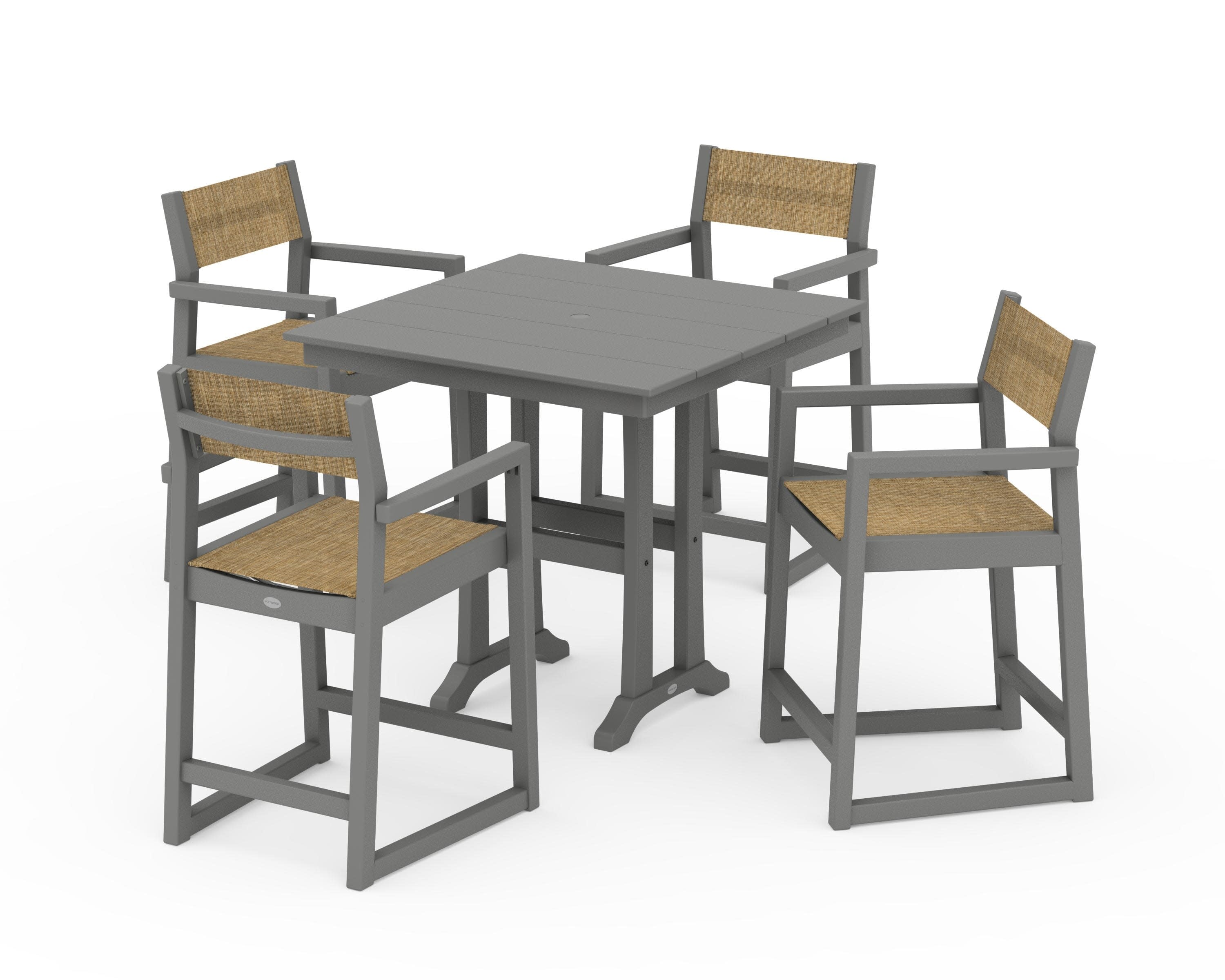 EDGE Sling Arm Chair 5-Piece Farmhouse Counter Set with Trestle Legs in Slate Grey / Burlap Sling