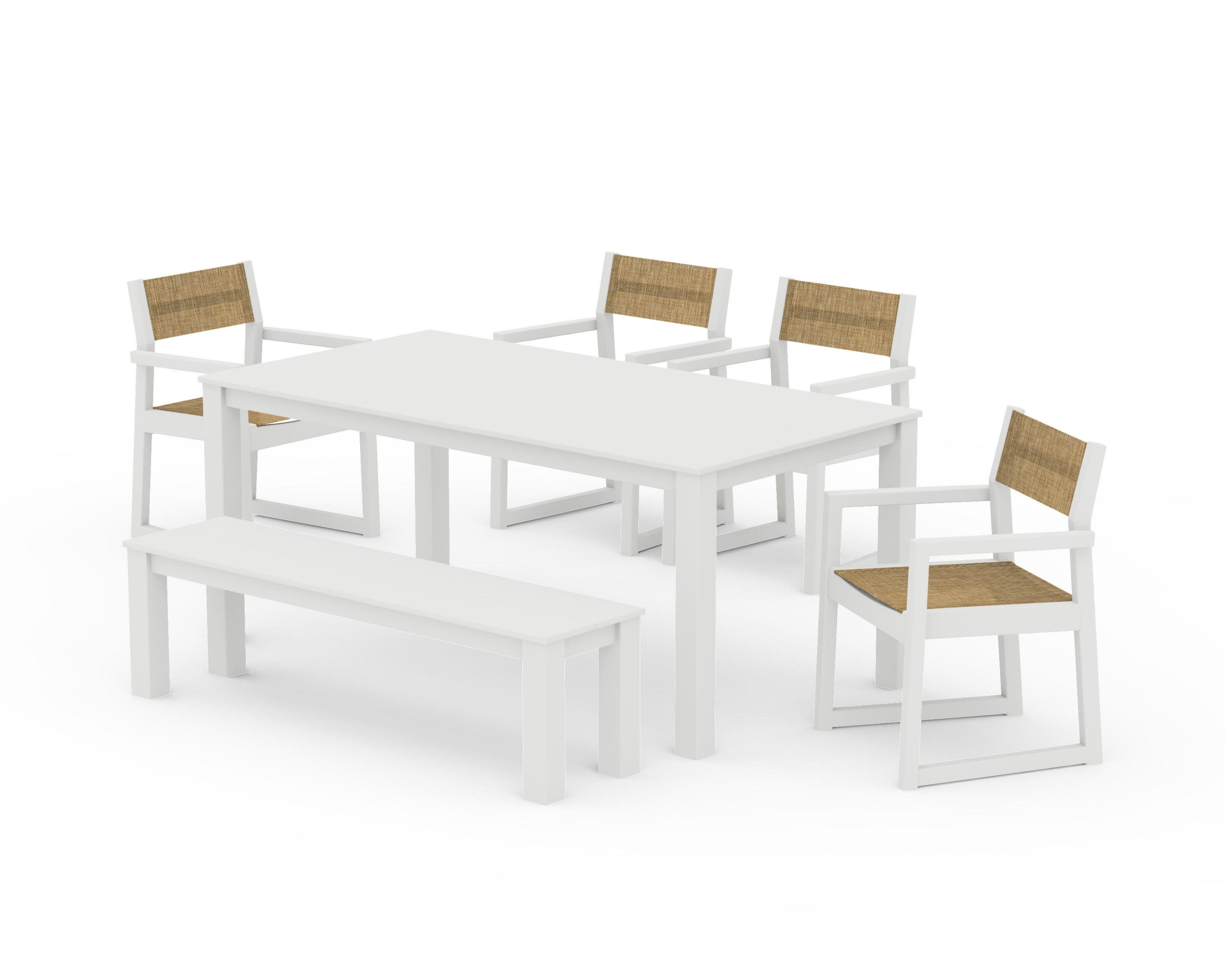 EDGE Sling Arm Chair 6-Piece Parsons Dining Set with Bench in Vintage White / Burlap Sling