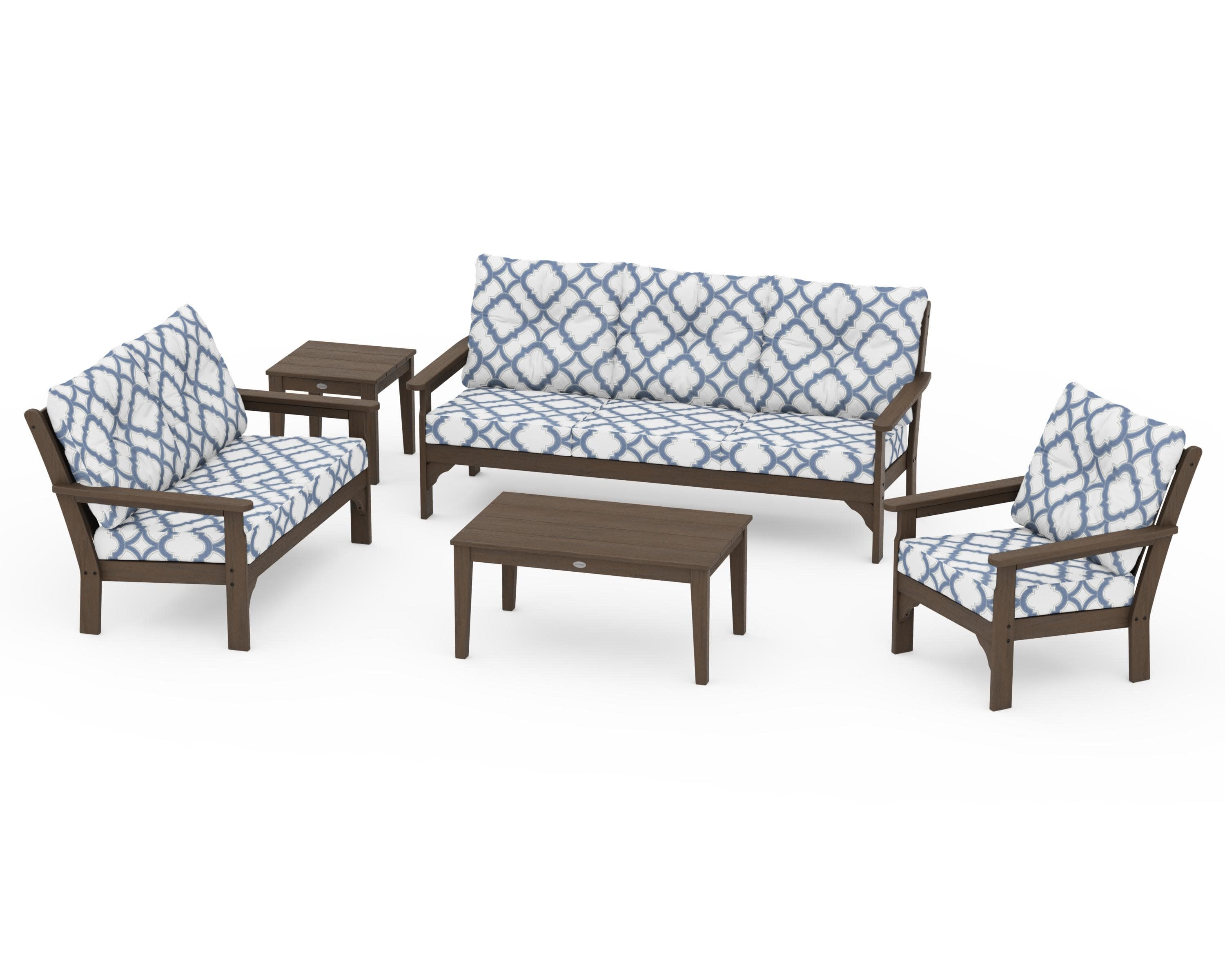 Vineyard 5 Piece Deep Seating Set in Kona / Trellis Sky Blue