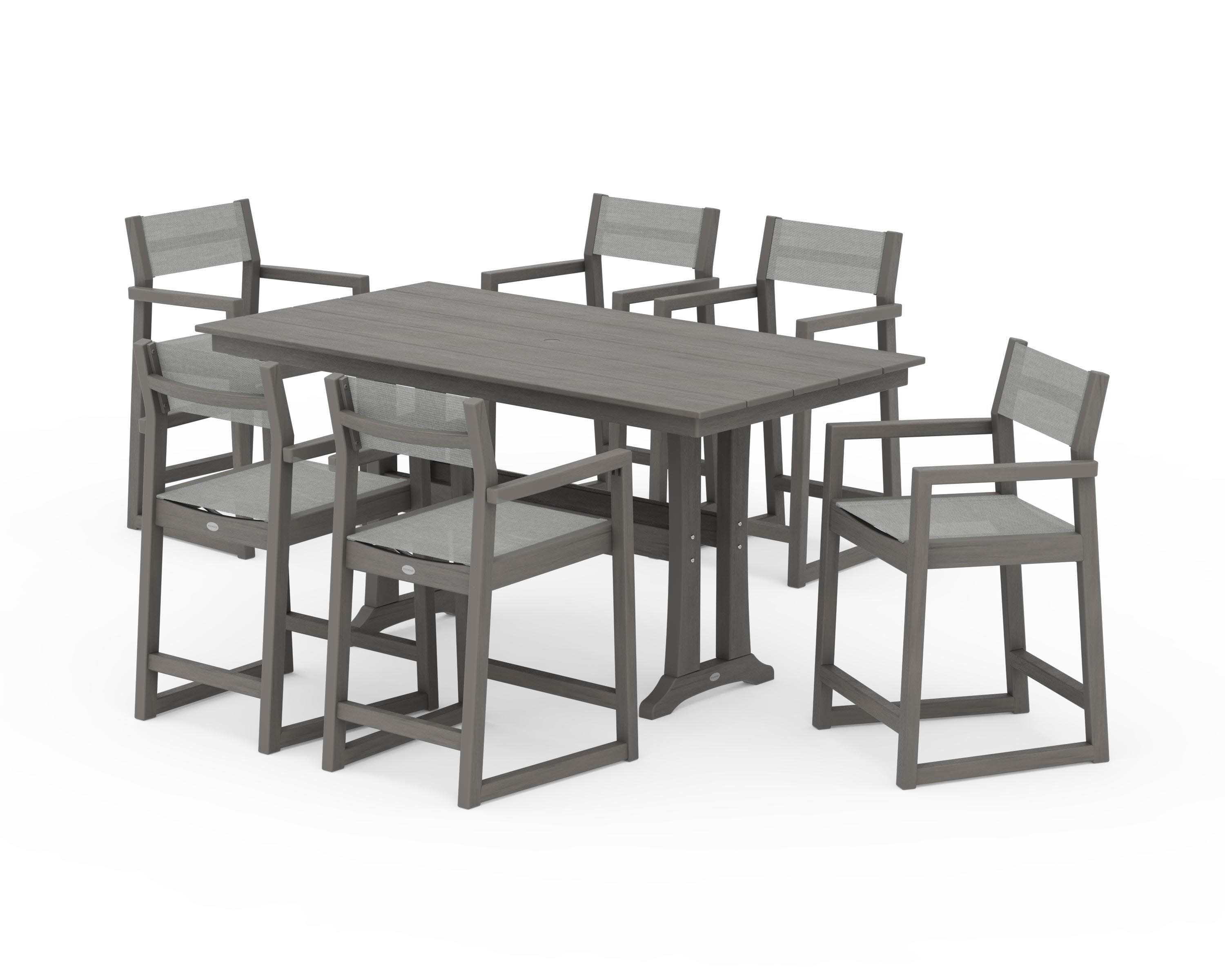 EDGE Sling Arm Chair 7-Piece Farmhouse Counter Set with Trestle Legs in Driftwood / Metallic Sling