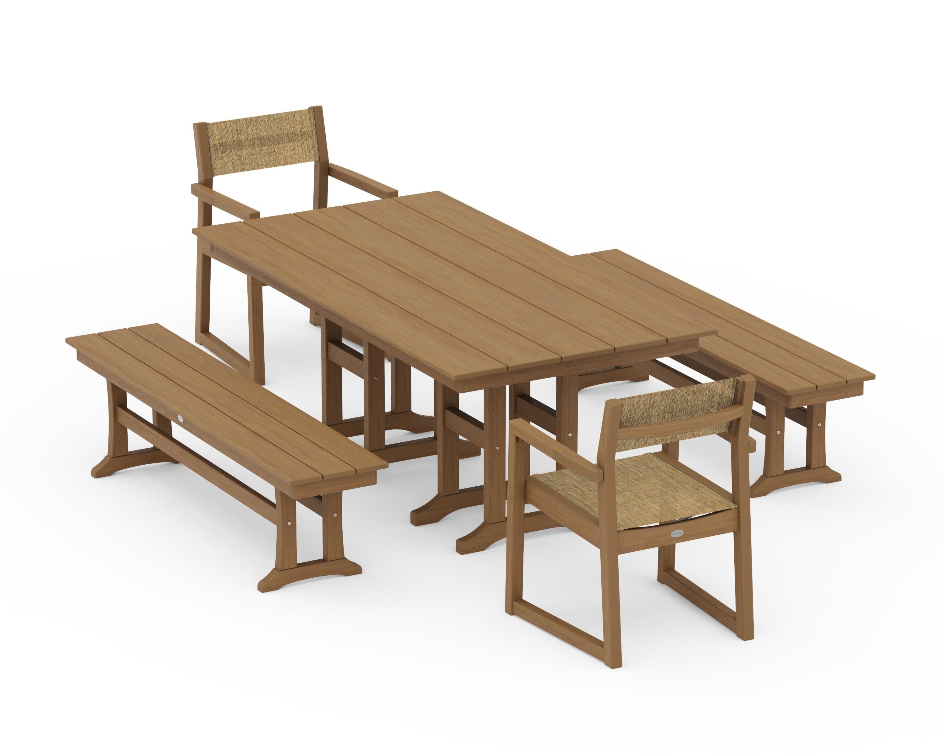 EDGE Sling Arm Chair 5-Piece Farmhouse Dining Set with Benches in Natural / Burlap Sling