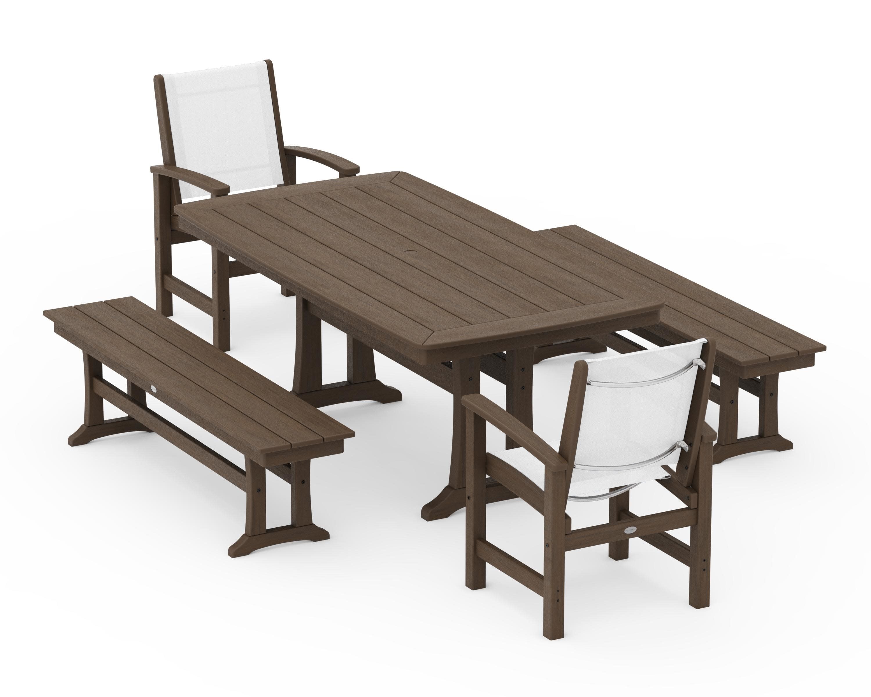 Coastal 5-Piece Dining Set with Trestle Legs and Benches in Kona / White Sling