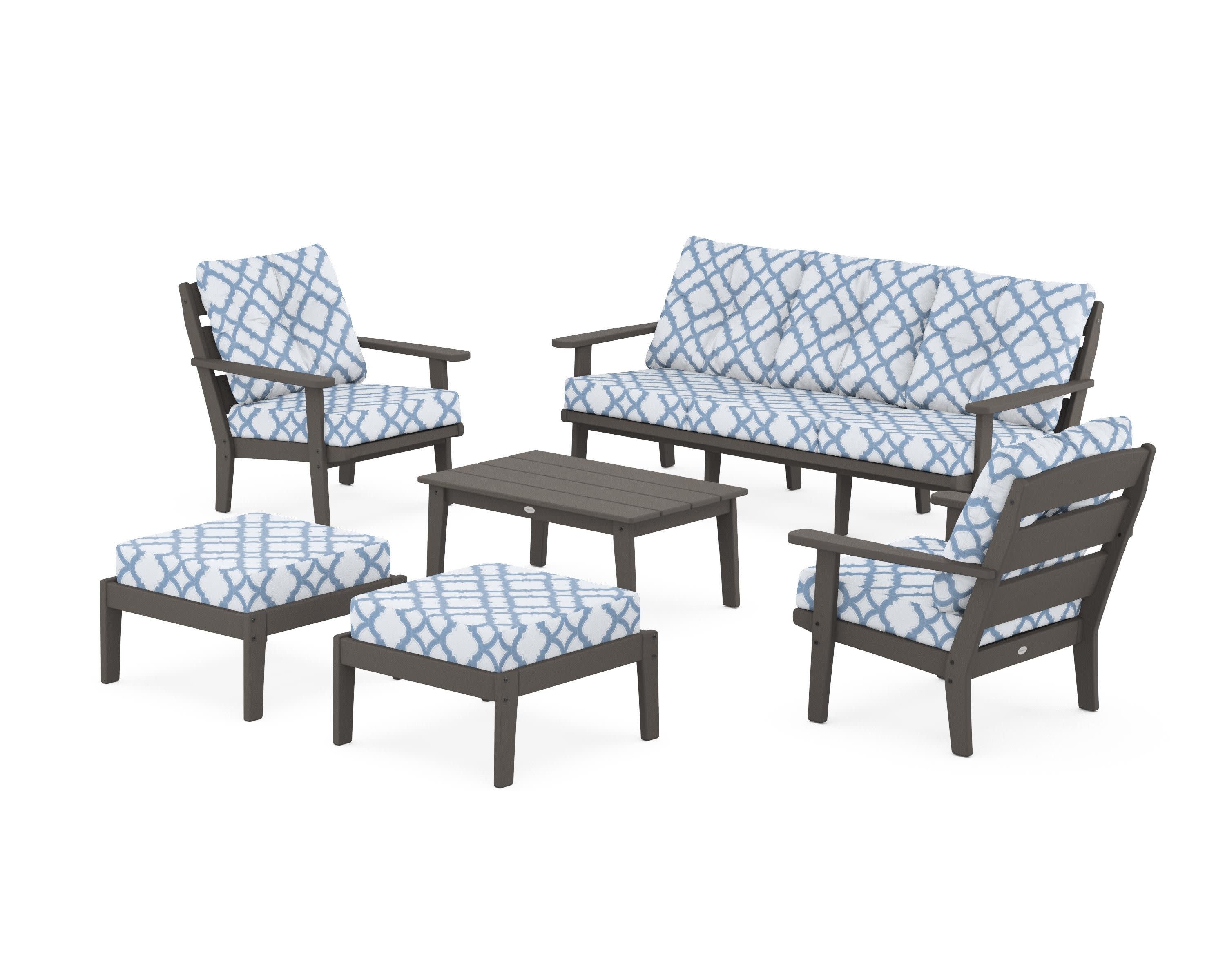 Lakeside 6-Piece Lounge Sofa Set in Vintage Coffee / Trellis Sky Blue