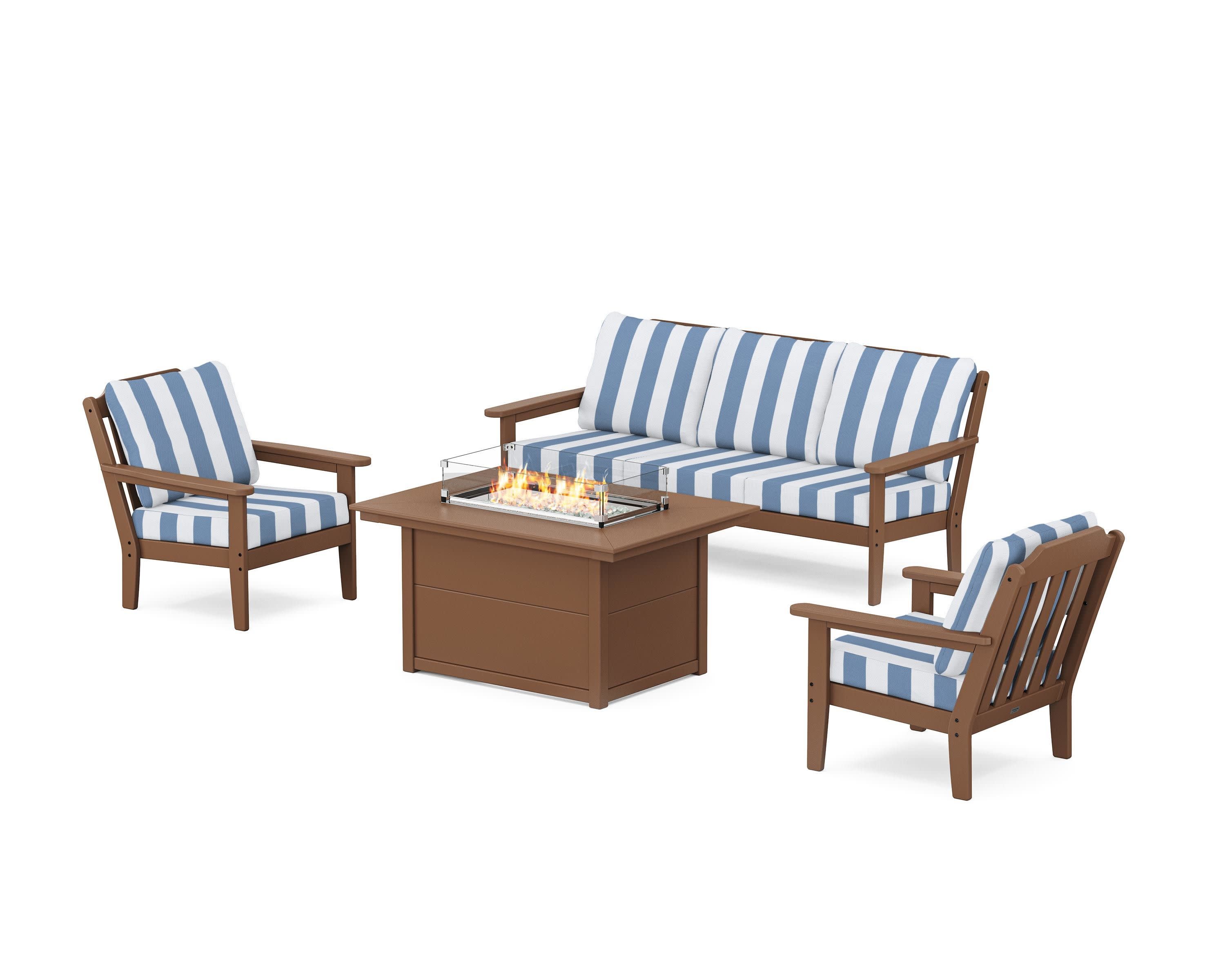 Cottage Deep Seating Fire Pit Table Set in Teak / Cabana Stripe Sky Blue