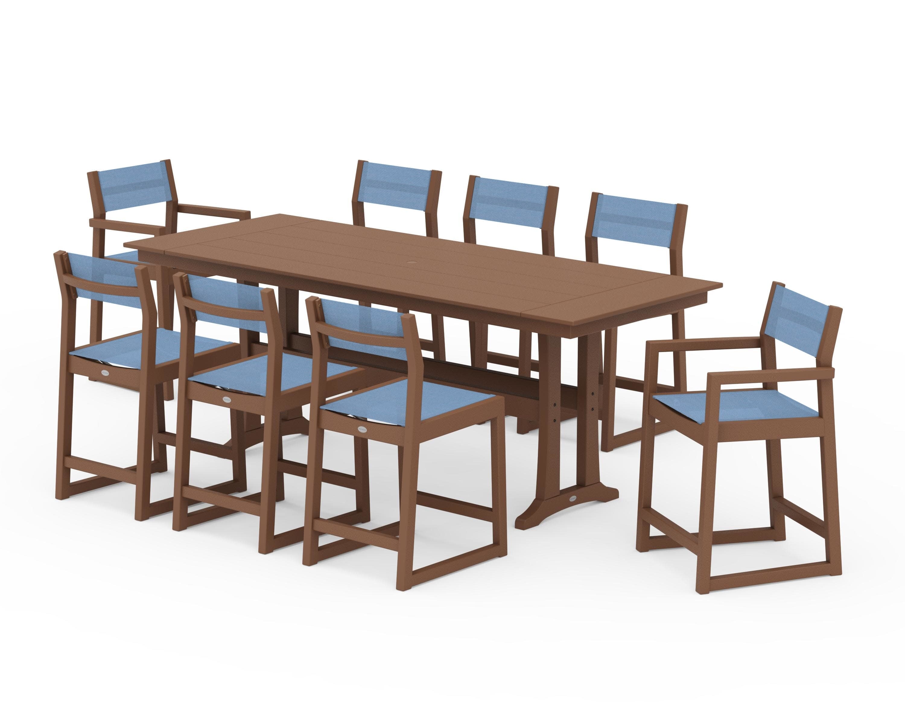 EDGE Sling 9-Piece Farmhouse Counter Set with Trestle Legs in Teak / Poolside Sling