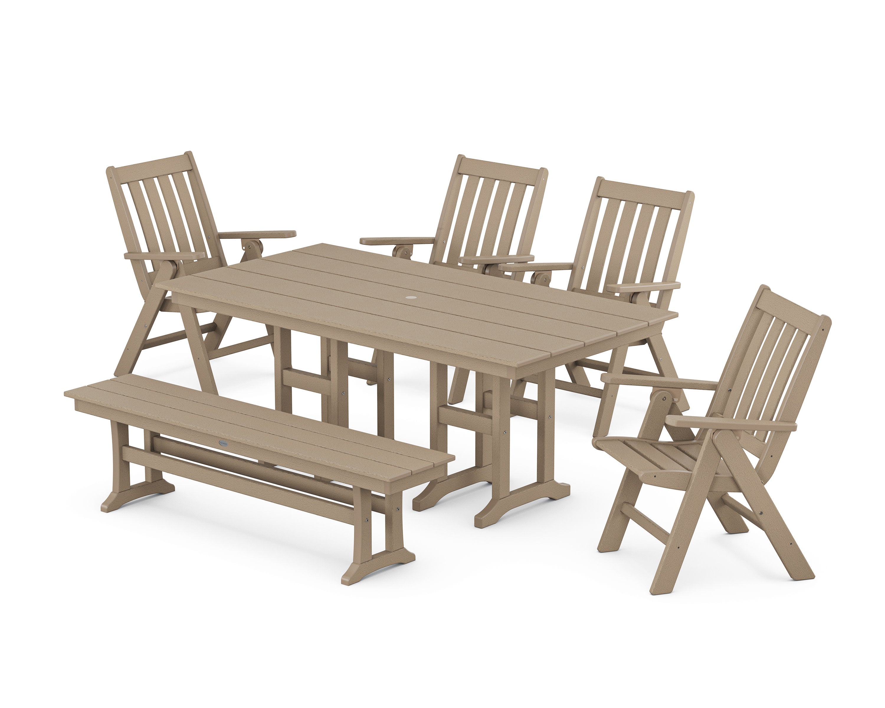 Vineyard Folding Chair 6-Piece Farmhouse Dining Set with Bench in Vintage Sahara