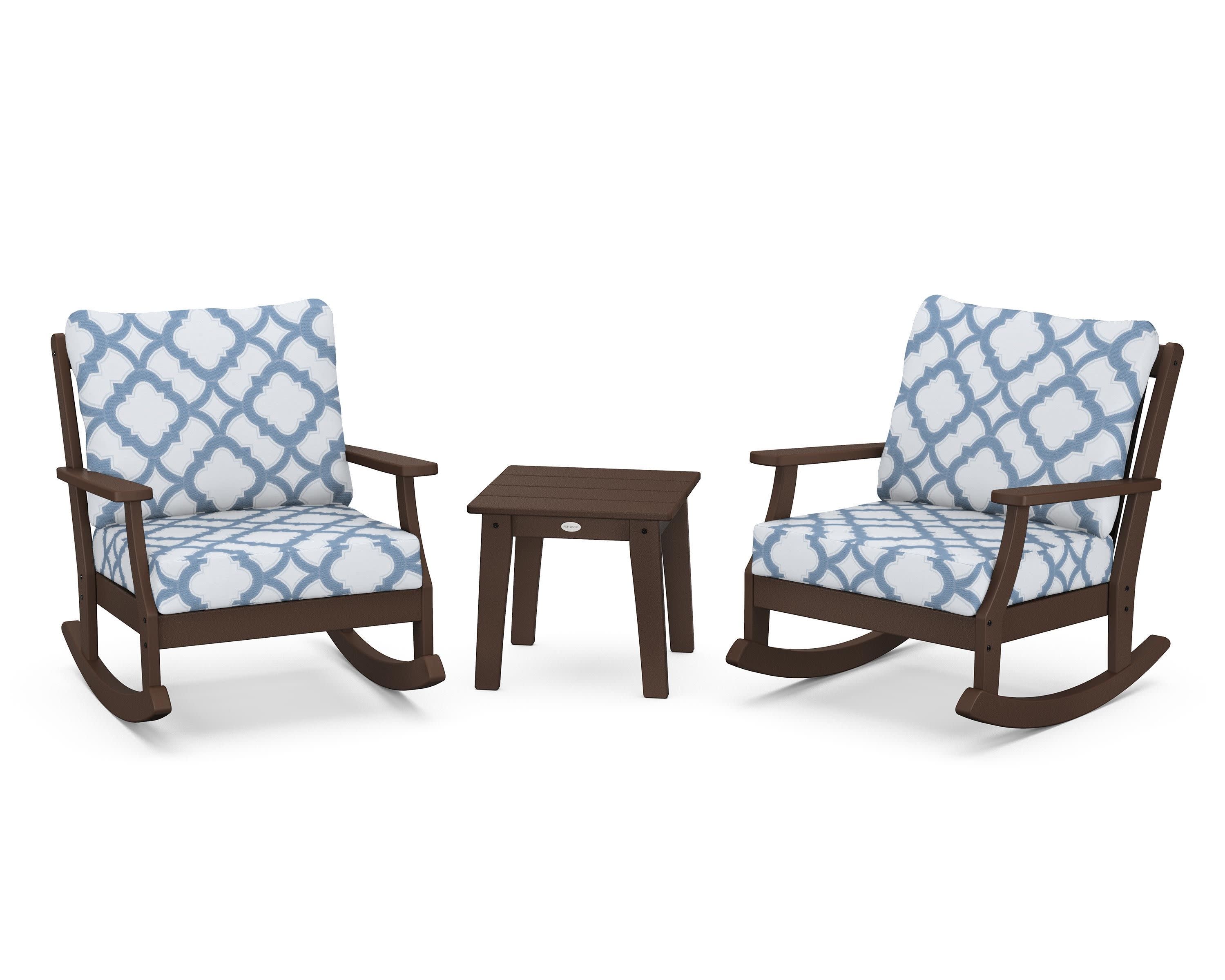Braxton 3-Piece Deep Seating Rocker Set in Mahogany / Trellis Sky Blue