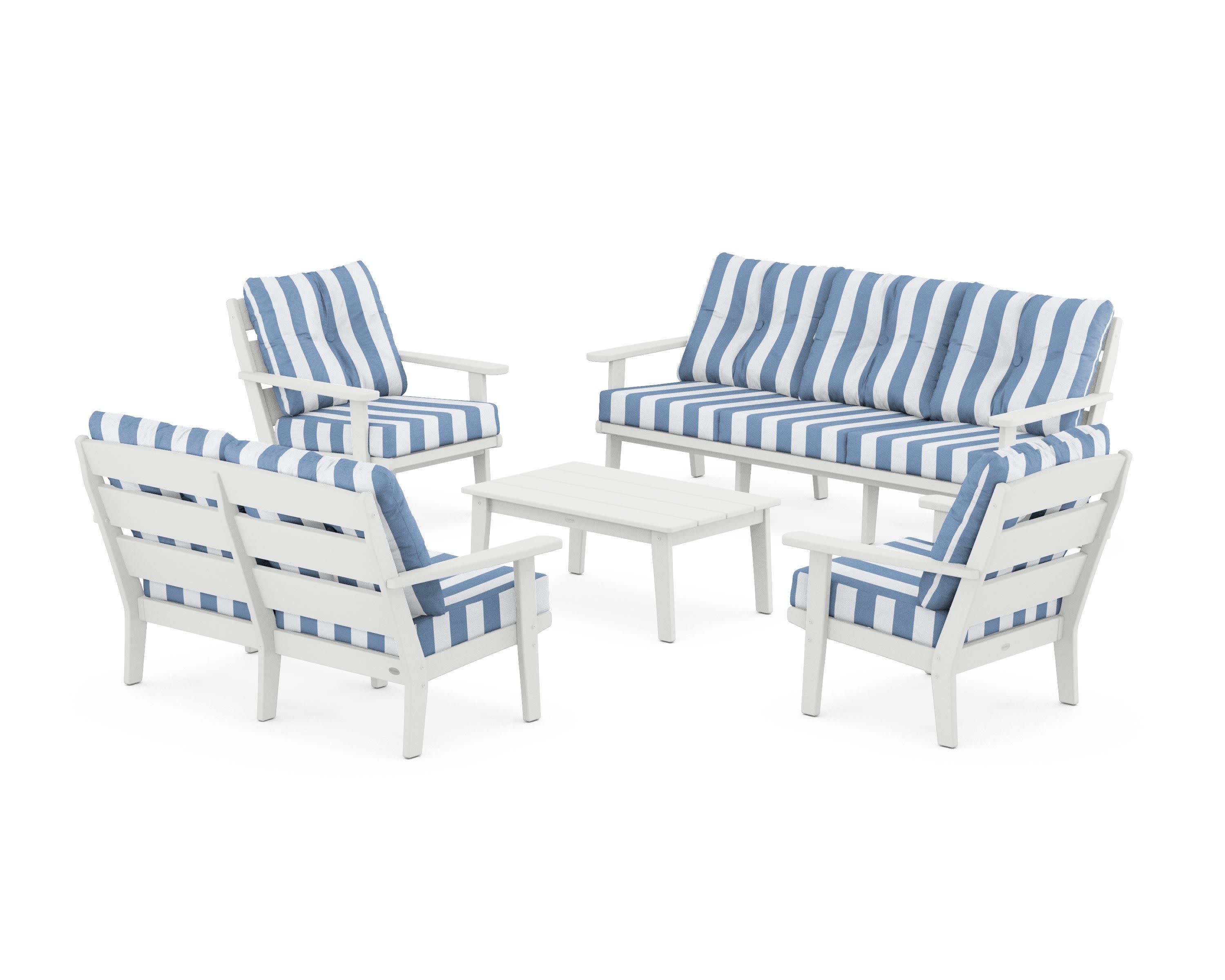 Lakeside 5-Piece Lounge Sofa Set in White / Cabana Stripe Sky Blue