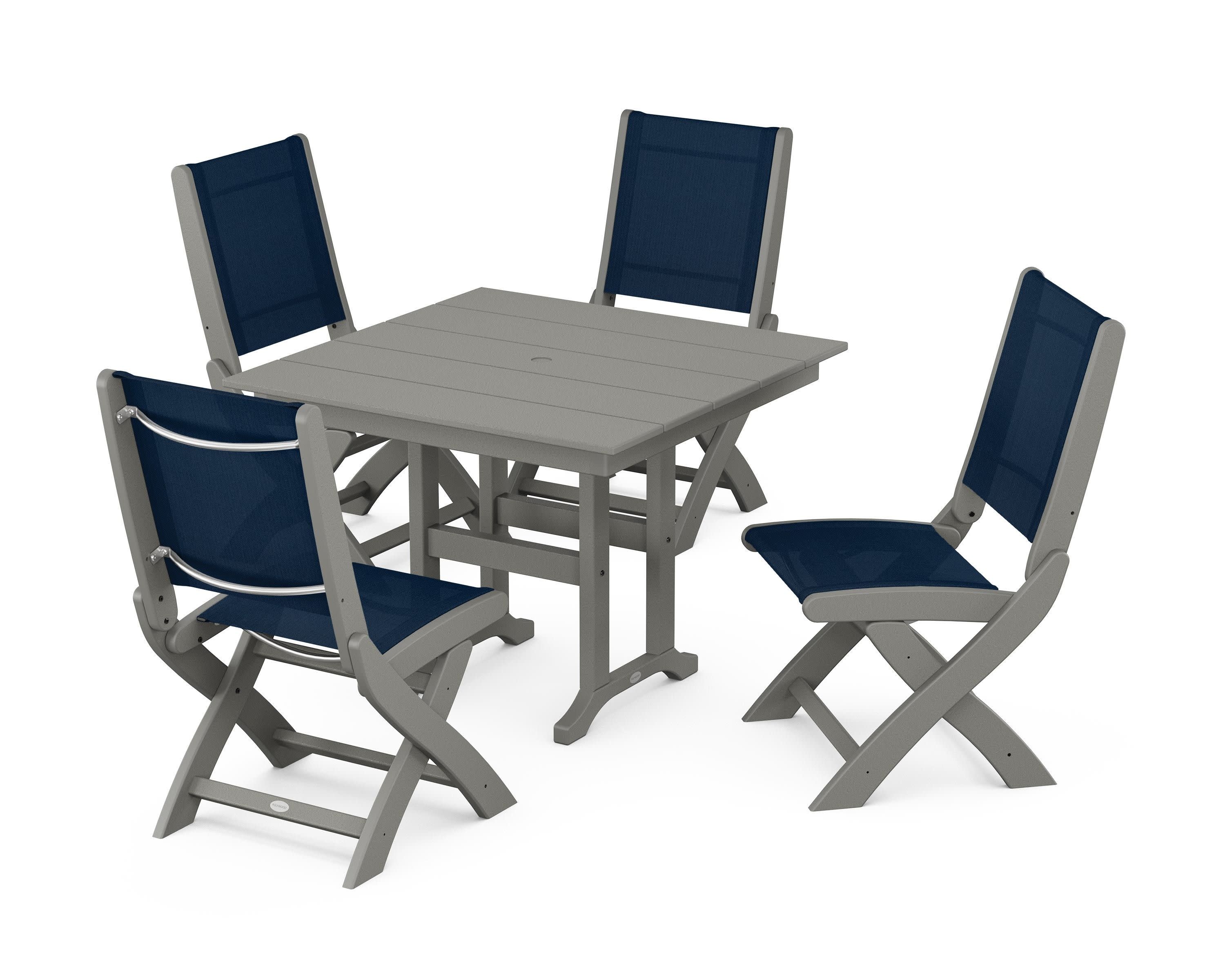 Coastal Folding Side Chair 5-Piece Farmhouse Dining Set in Slate Grey / Navy Blue Sling