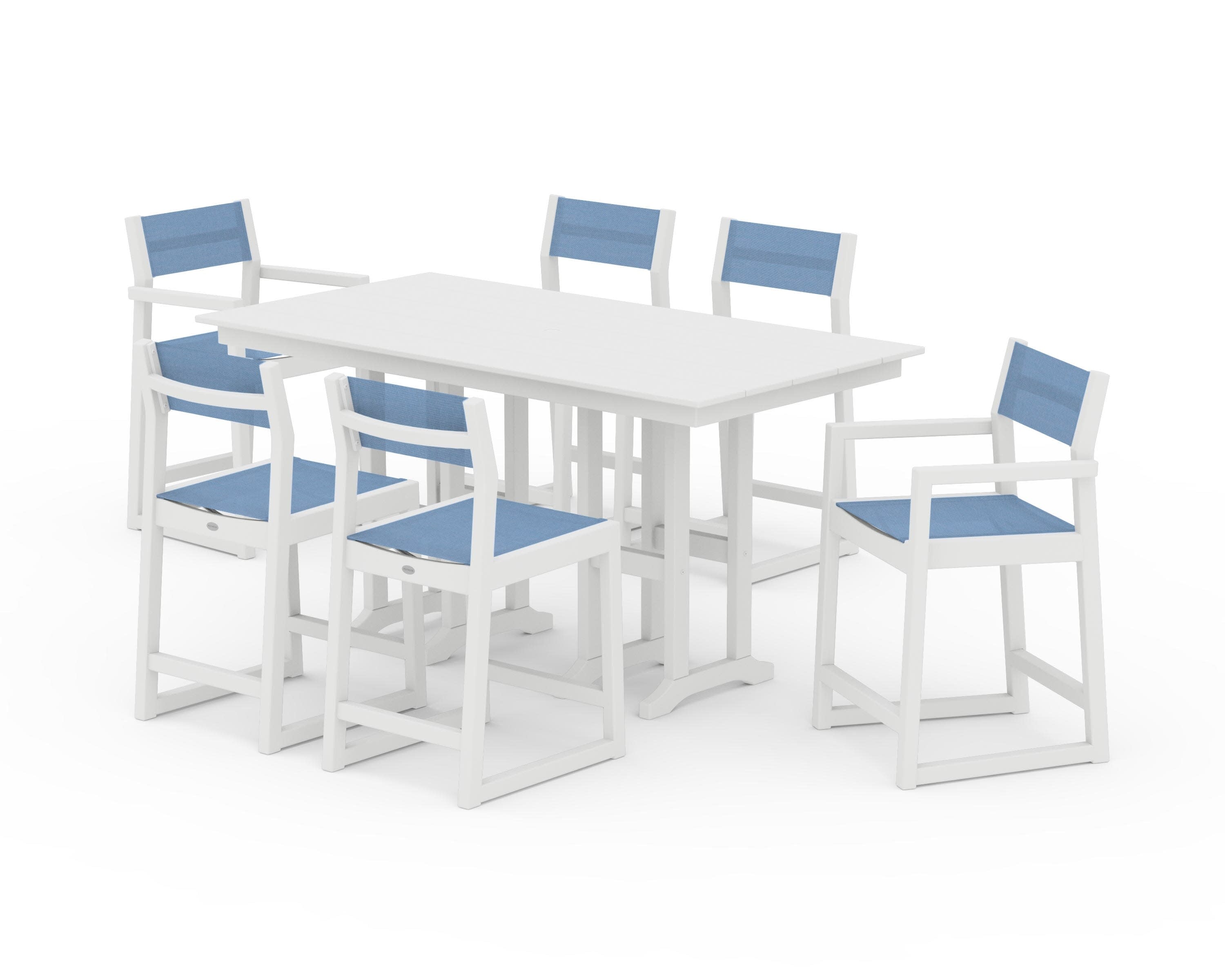 EDGE Sling 7-Piece Farmhouse Counter Set with Trestle Legs in White / Poolside Sling