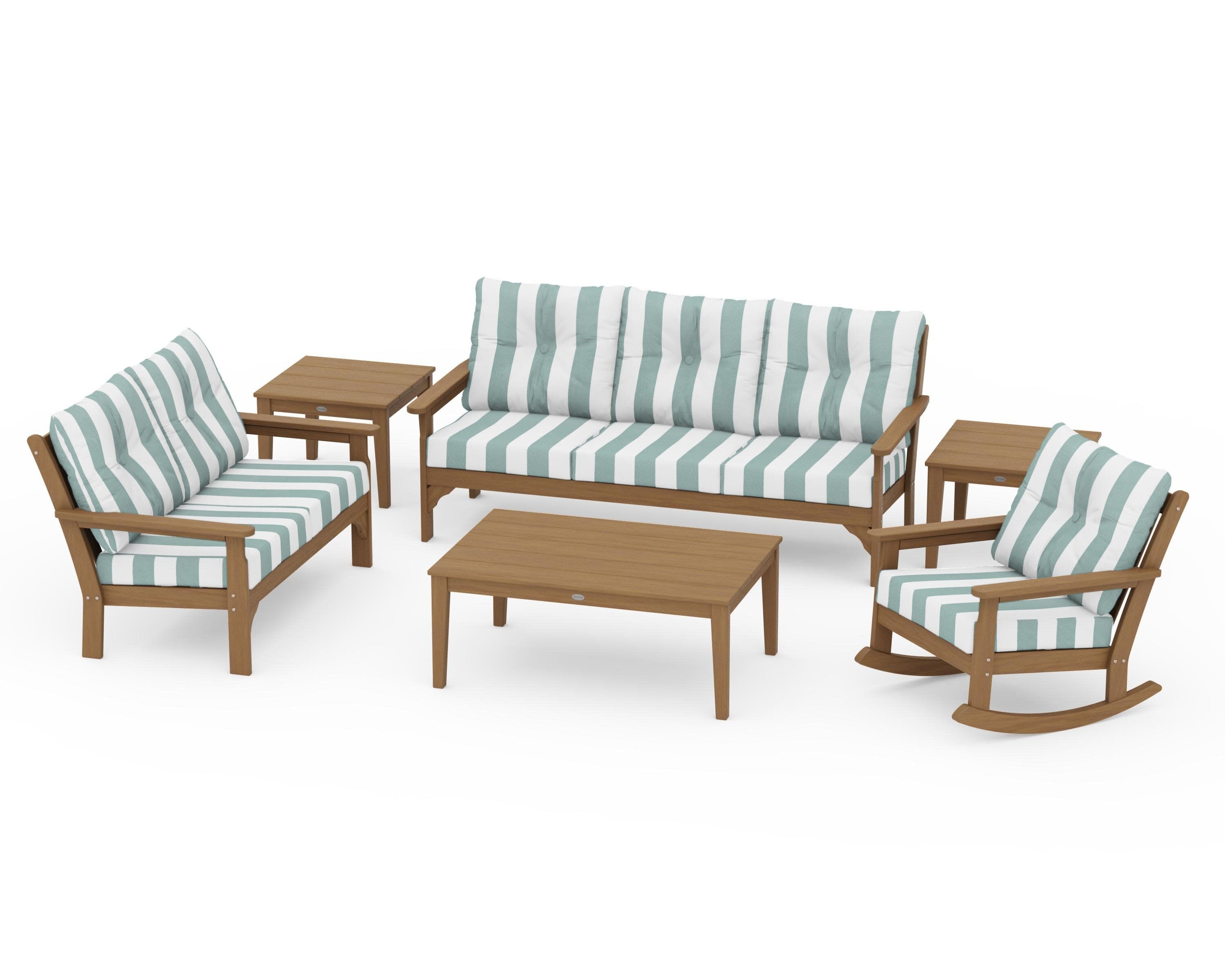 Vineyard 6-Piece Deep Seating Set in Natural / Cabana Stripe Glacier Spa