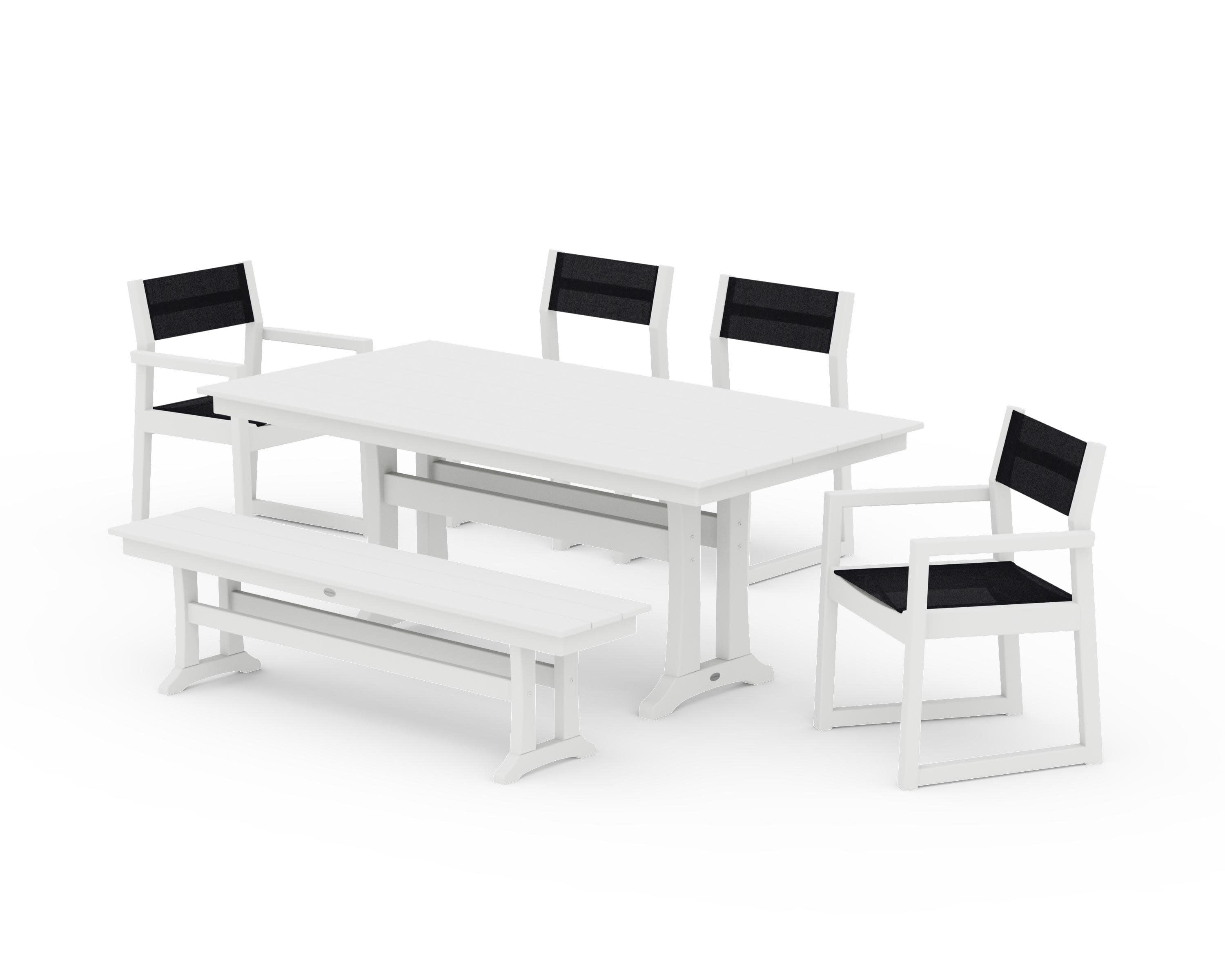 EDGE Sling 6-Piece Farmhouse Dining Set With Trestle Legs in White / Black Sling