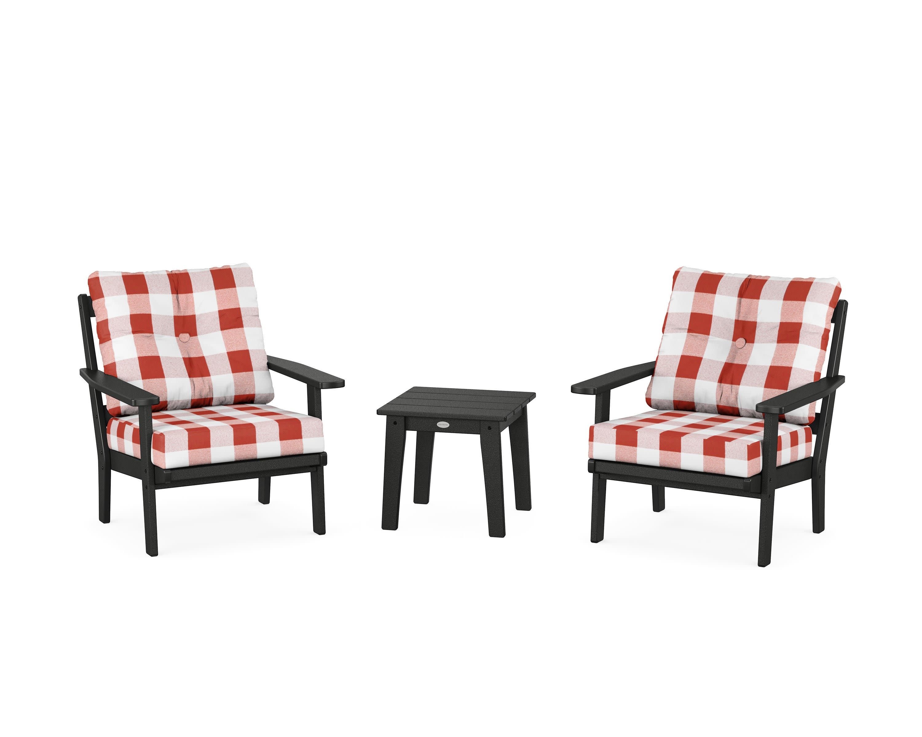 Oxford 3-Piece Deep Seating Set in Black / Buffalo Plaid Crimson