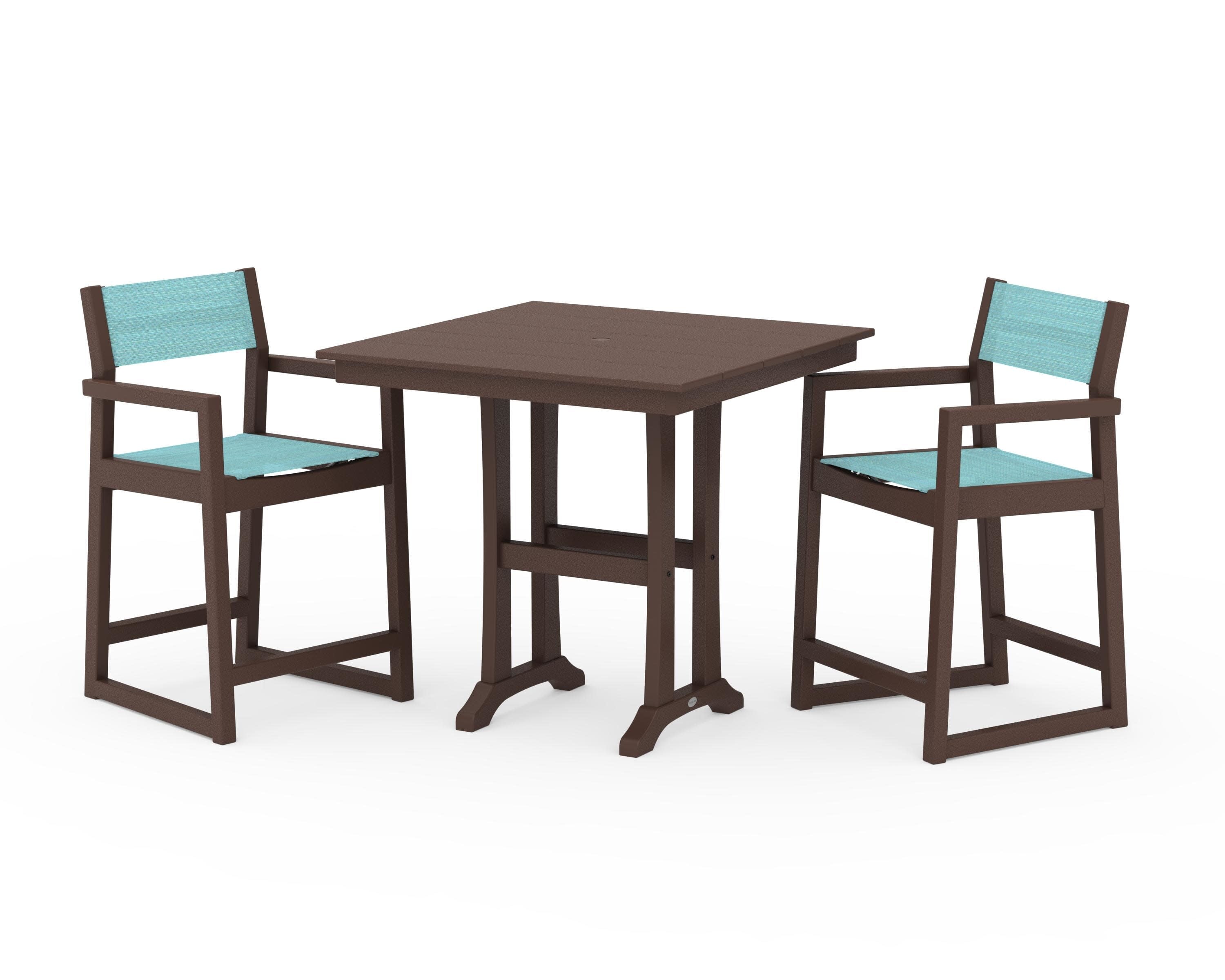 EDGE Sling Arm Chair 3-Piece Farmhouse Counter Set with Trestle Legs in Mahogany / Dupioni Aquamarine Sling