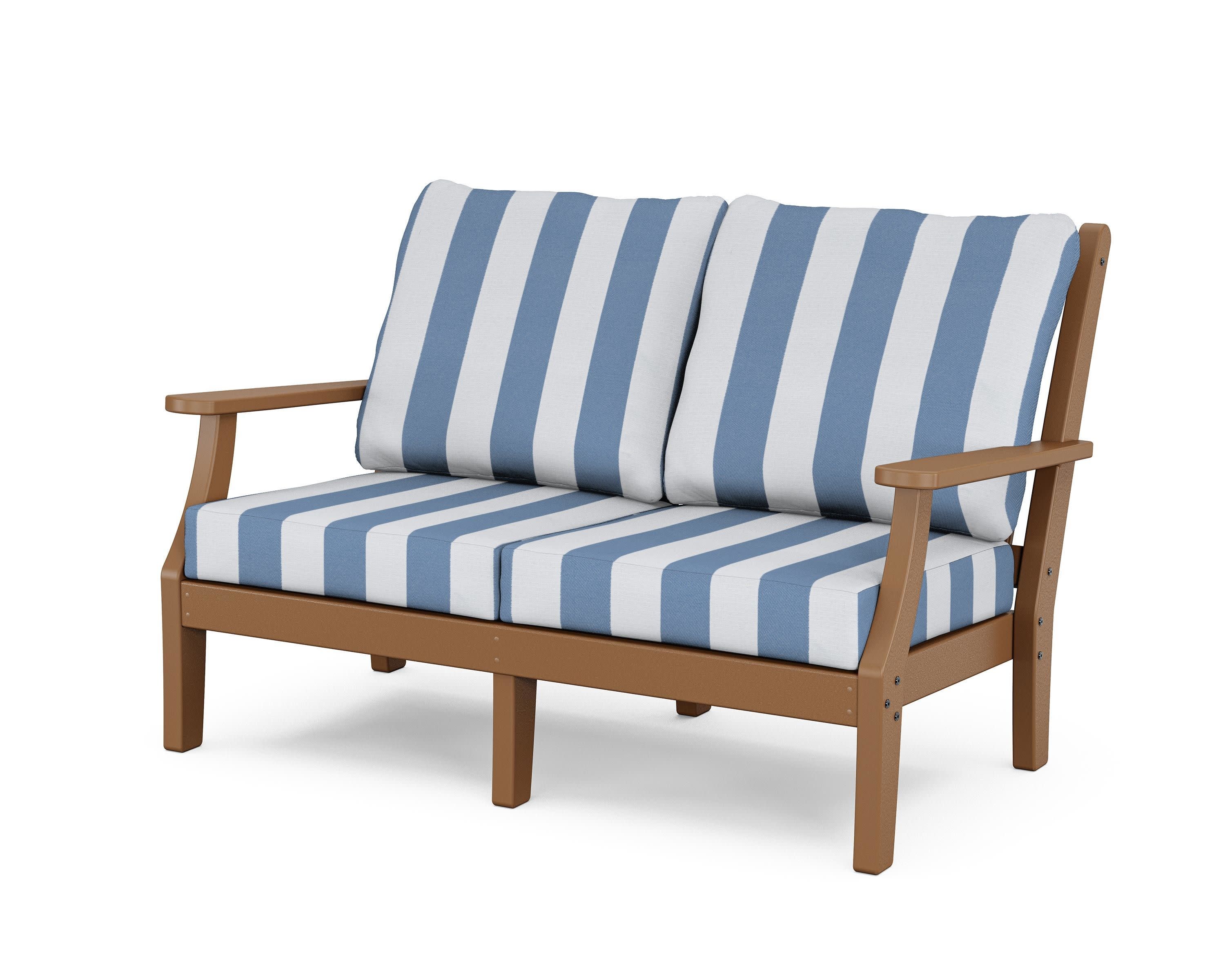 Wovendale Deep Seating Loveseat in Teak / Cabana Stripe Sky Blue