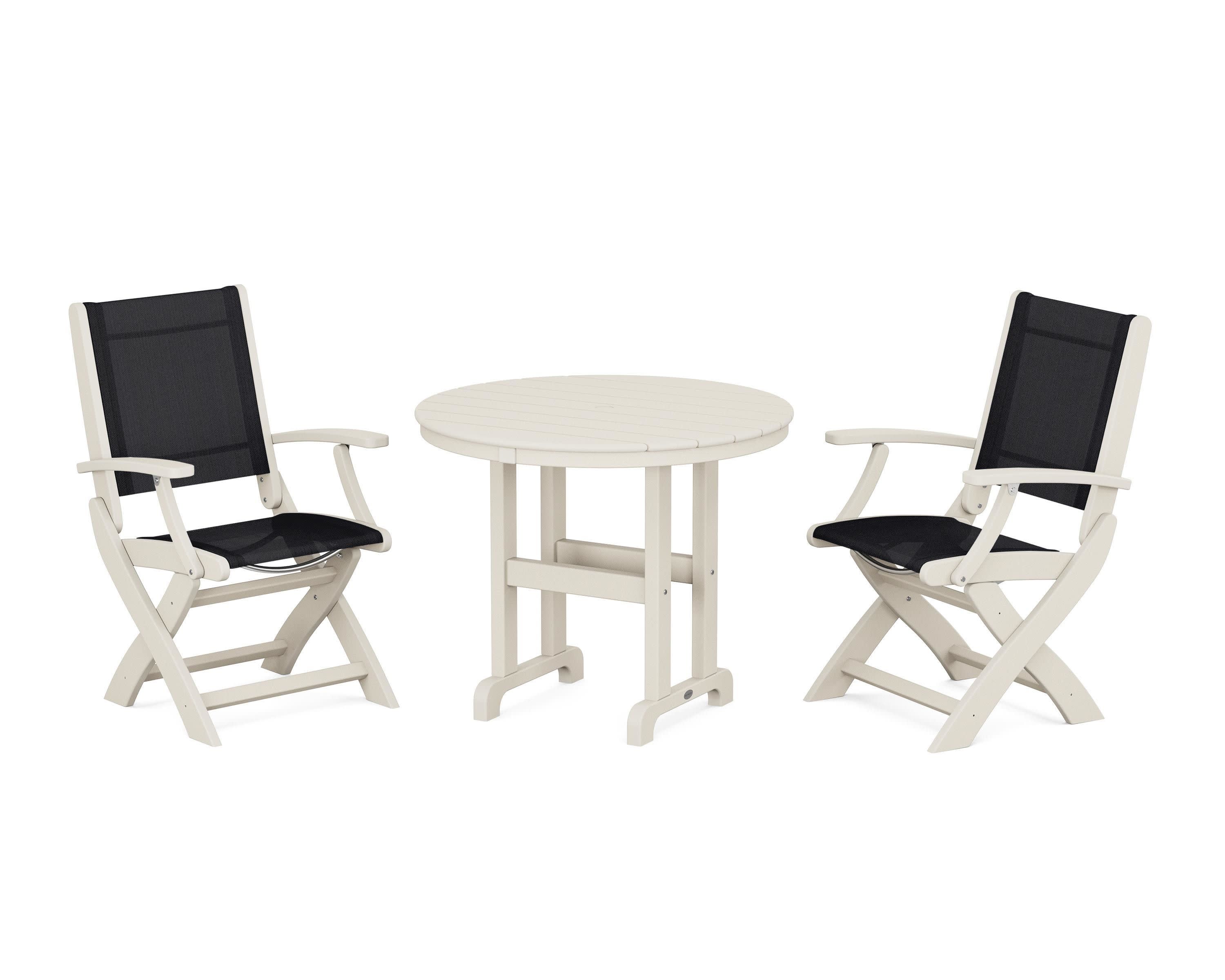 Coastal Folding Chair 3-Piece Round Dining Set in Sand / Black Sling