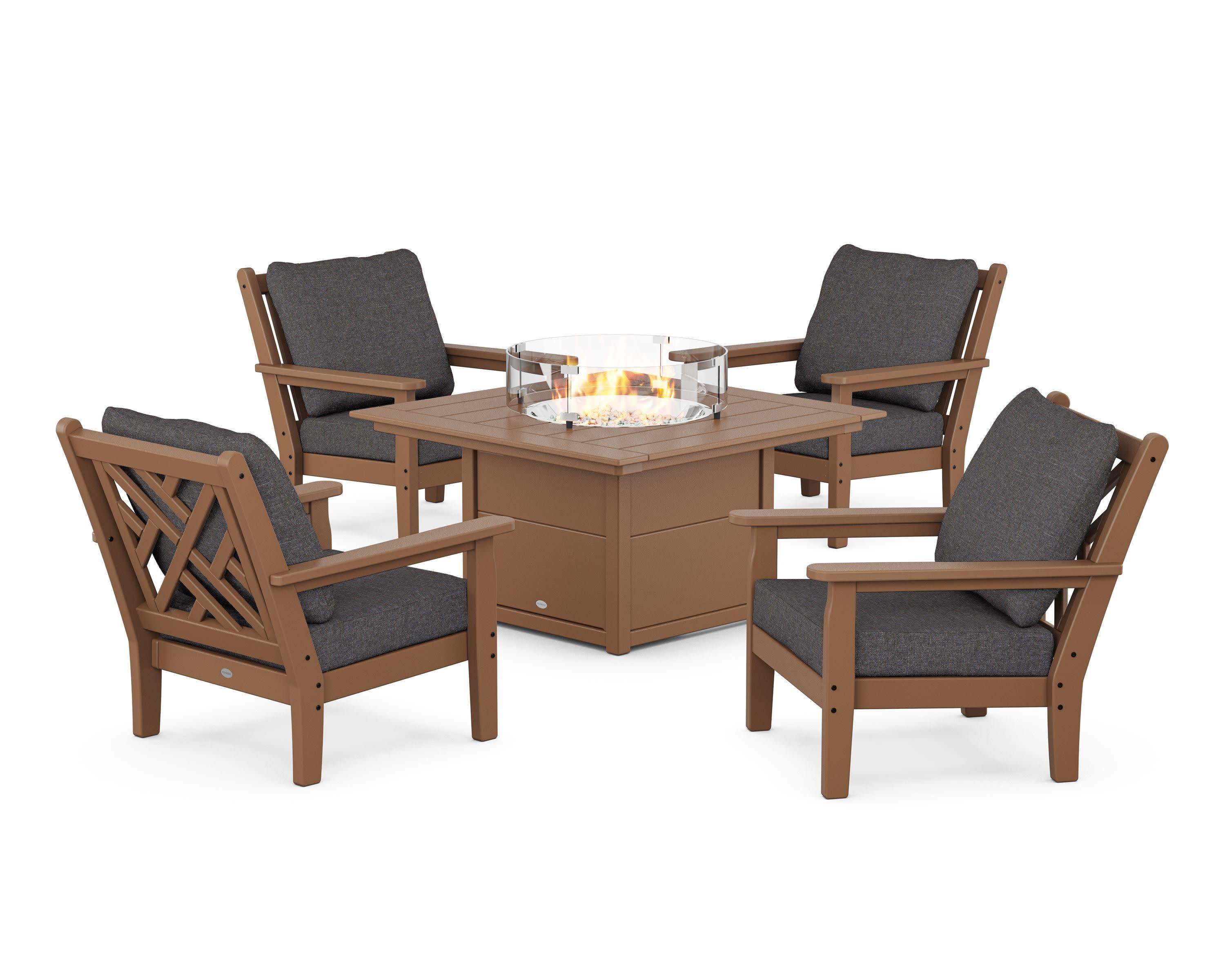 Chippendale 5-Piece Deep Seating Set with Fire Pit Table in Teak / Ash Charcoal