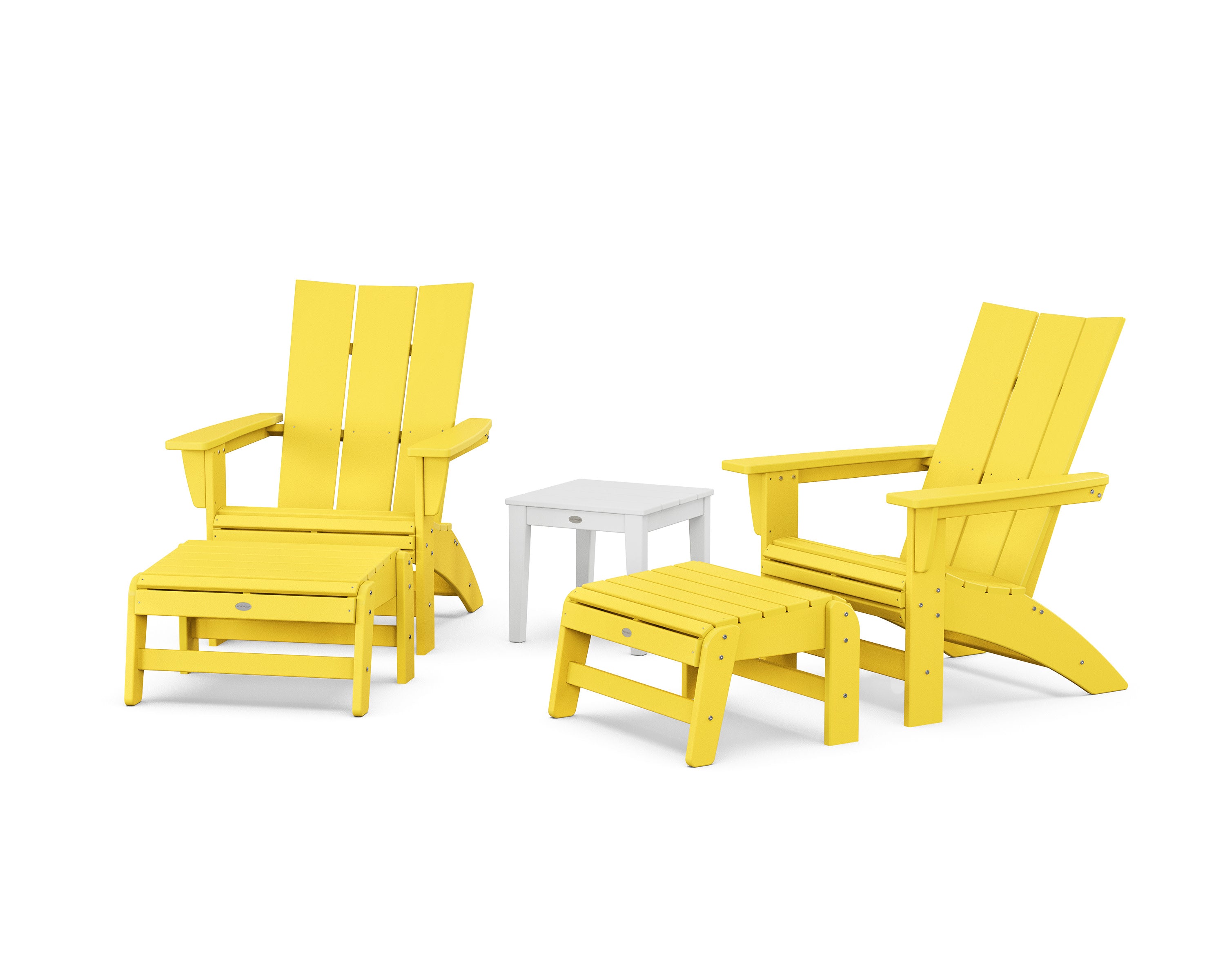 5-Piece Modern Grand Adirondack Set with Ottomans and Side Table in Lemon / White