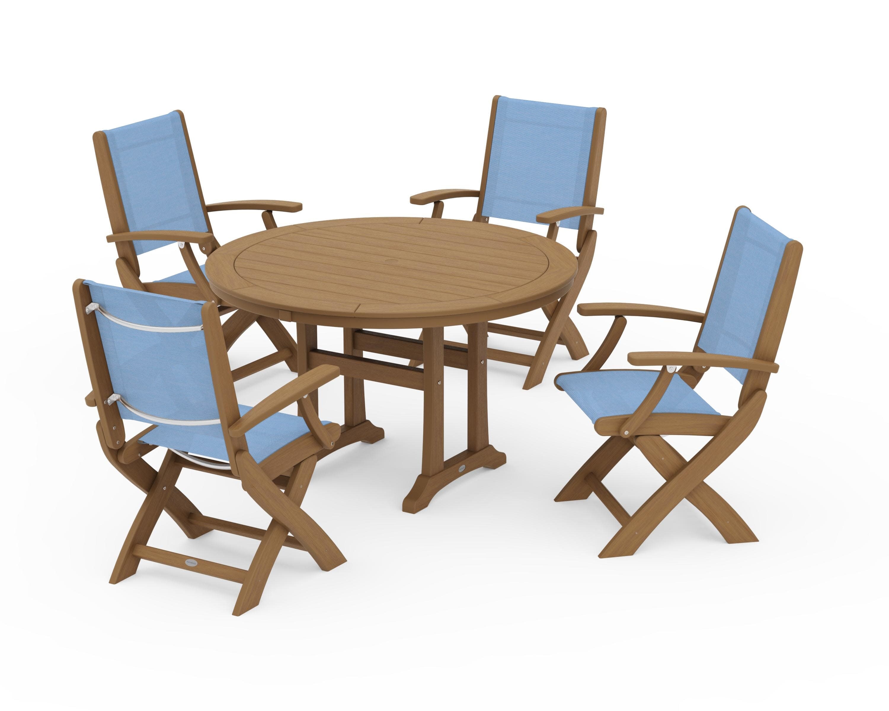 Coastal Folding Chair 5-Piece Round Dining Set with Trestle Legs in Natural / Poolside Sling