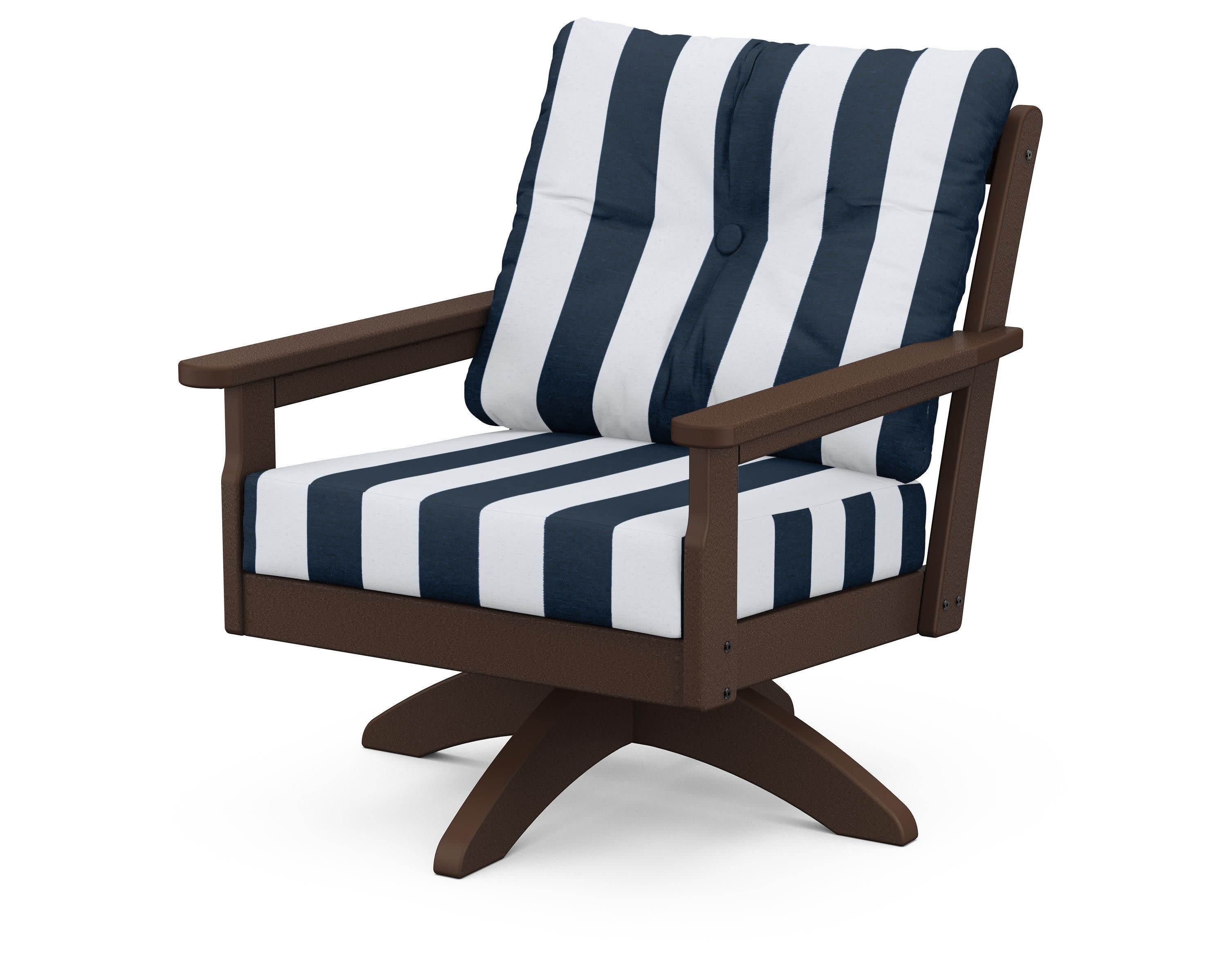 Vineyard Deep Seating Swivel Chair in Mahogany / Cabana Stripe Marine Indigo