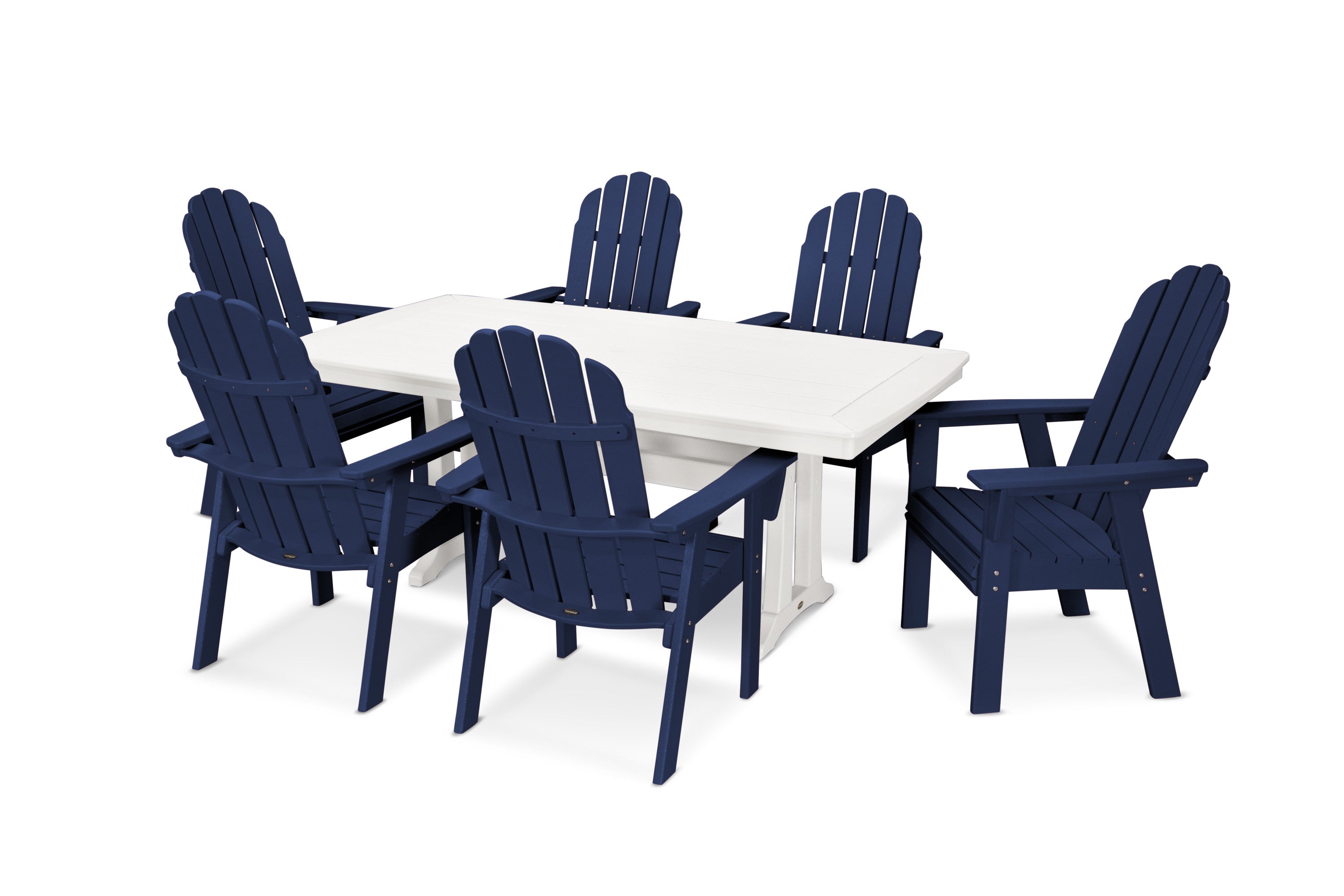 Vineyard Curveback Adirondack 7-Piece Dining Set with Trestle Legs in Navy / White