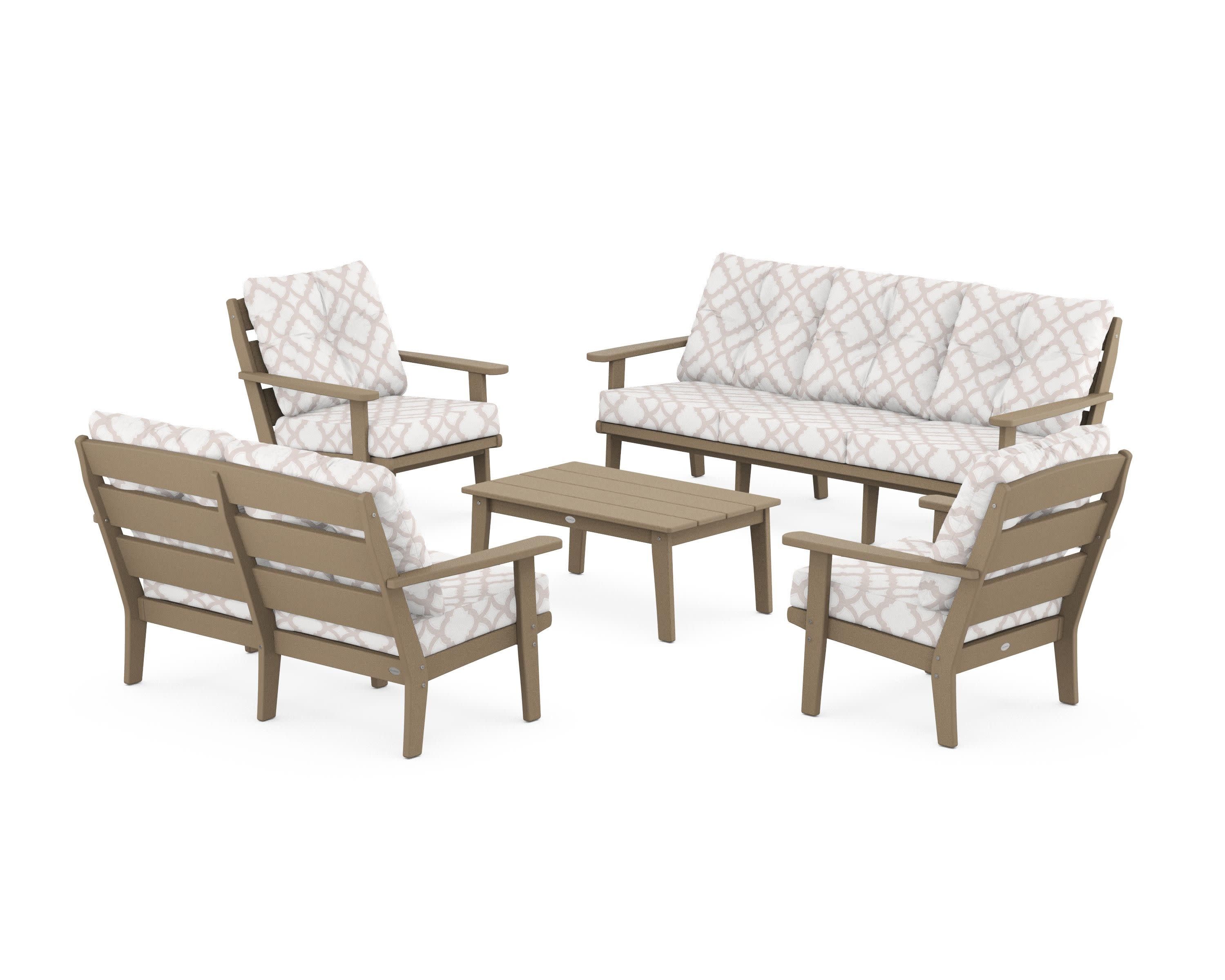 Lakeside 5-Piece Lounge Sofa Set in Vintage Sahara / Trellis Dune Burlap