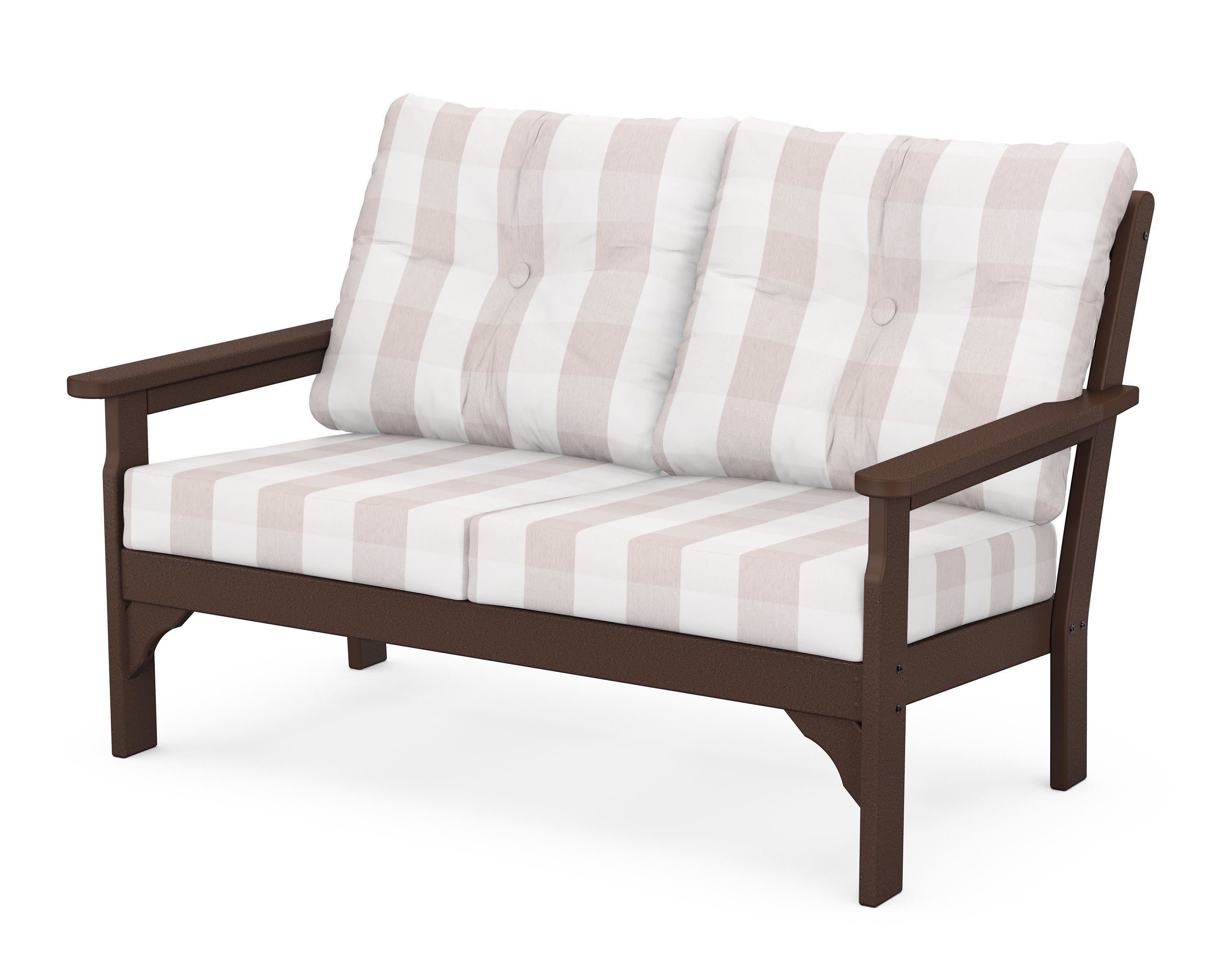 Vineyard Deep Seating Loveseat in Mahogany / Buffalo Plaid Dune Burlap