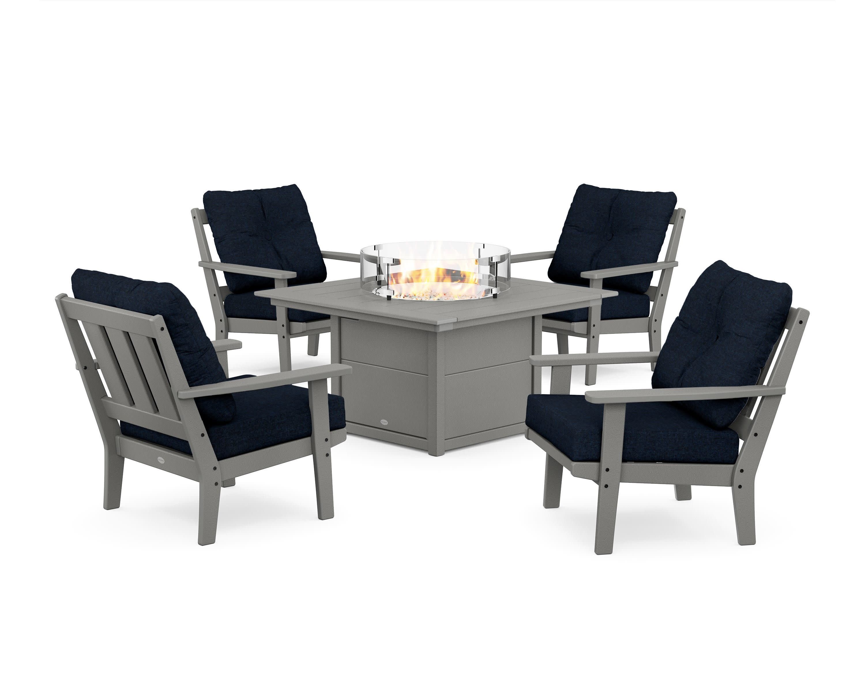 Oxford 5-Piece Deep Seating Set with Fire Pit Table in Slate Grey / Marine Indigo