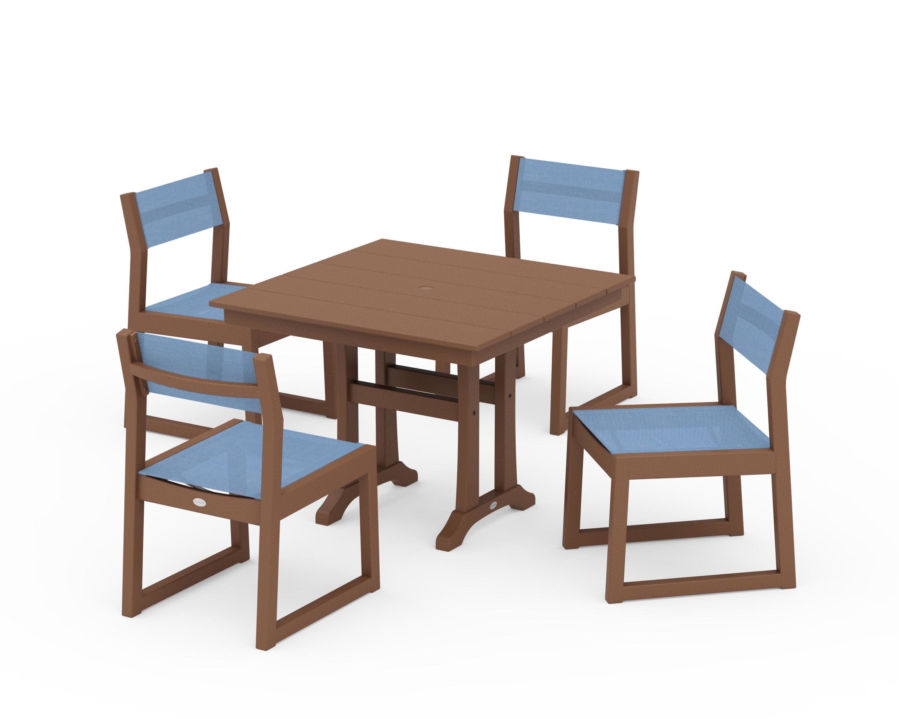 EDGE Sling 5-Piece Farmhouse Trestle Side Chair Dining Set in Teak / Poolside Sling