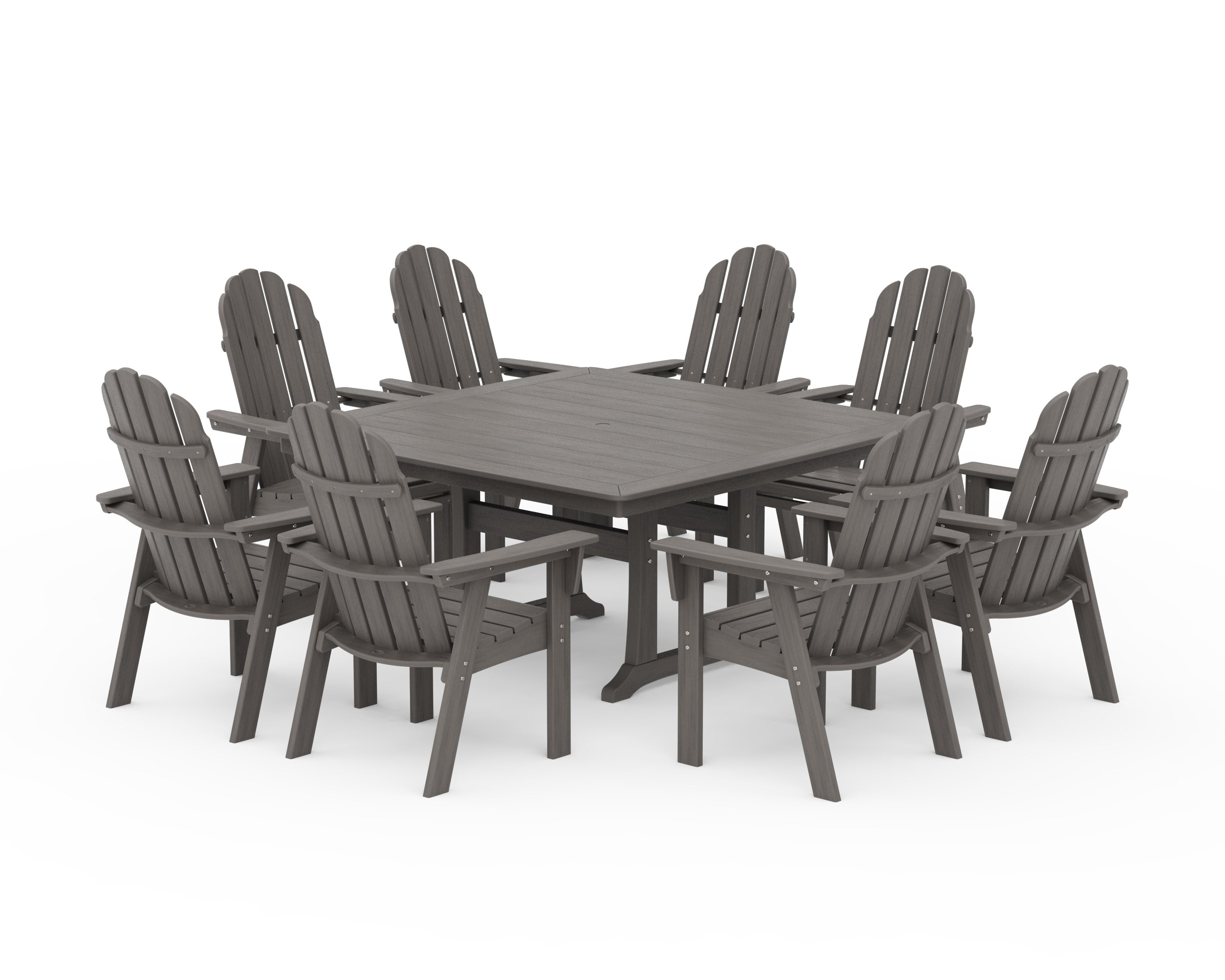 Vineyard Curveback Adirondack 9-Piece Nautical Trestle Dining Set in Driftwood