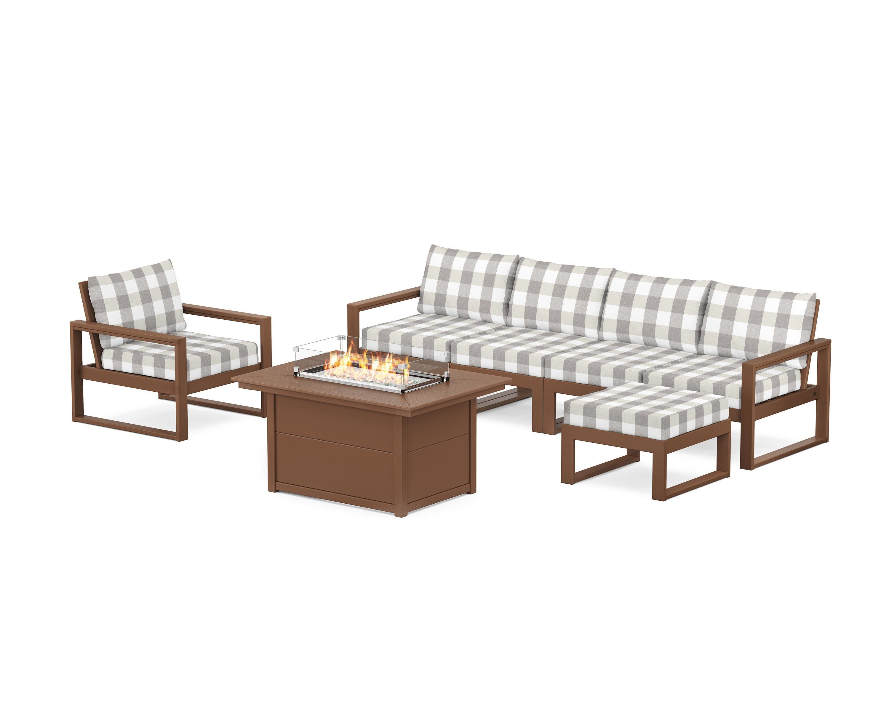EDGE Sectional Lounge and Fire Pit Set in Teak / Buffalo Plaid Grey Mist