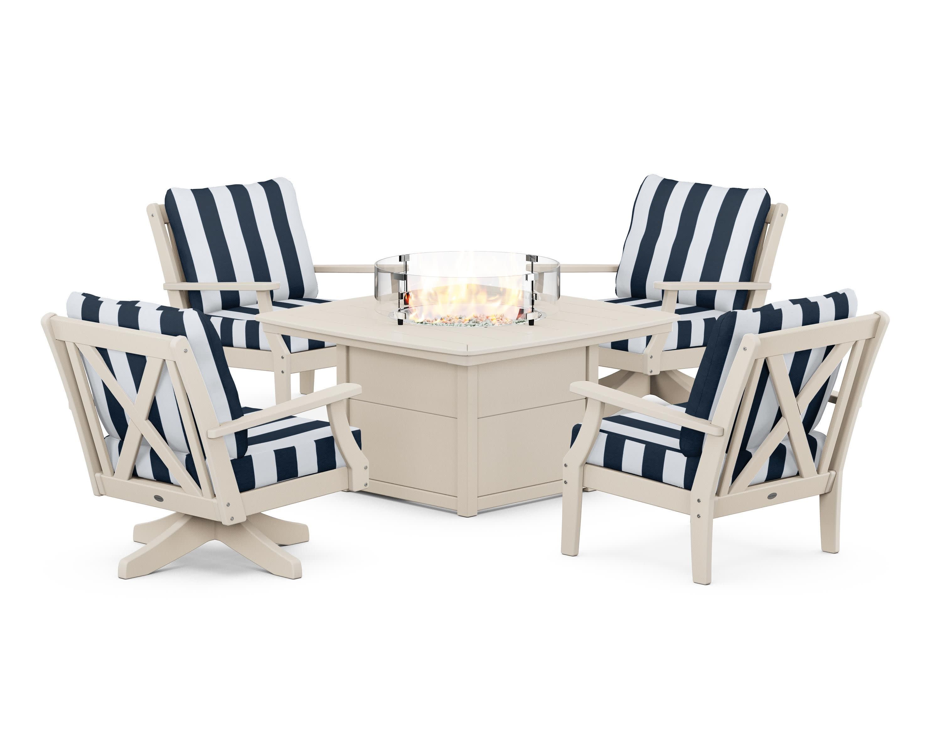 Braxton 5-Piece Deep Seating Set with Fire Table in Sand / Cabana Stripe Marine Indigo
